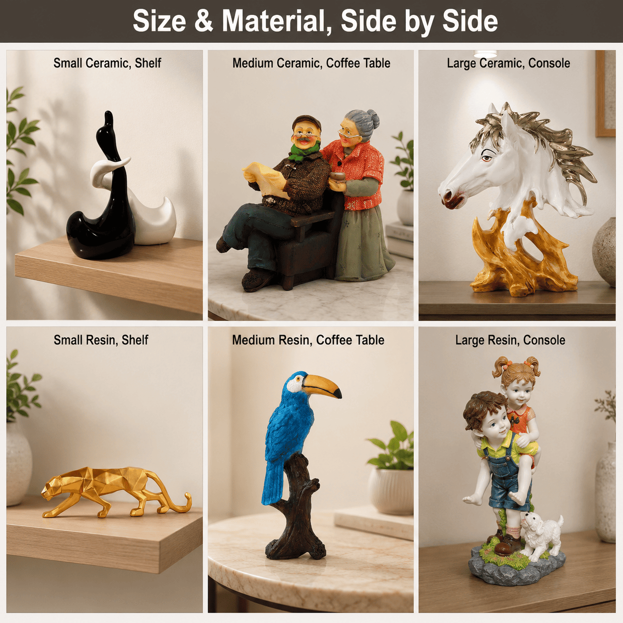 comparison grid of décor sizes and materials
