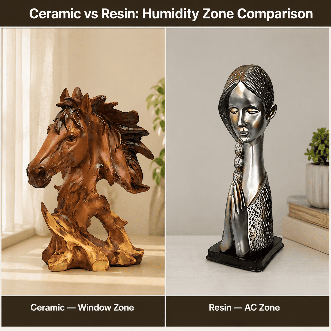 side by side comparison of ceramic and resin showpieces by room zone