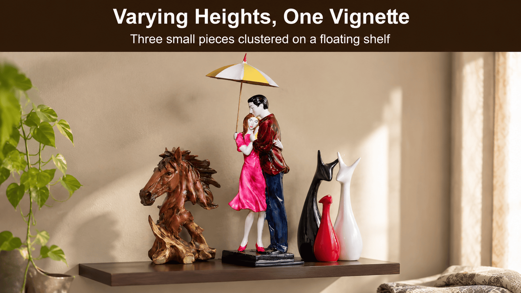 small decorative pieces grouped on a floating shelf