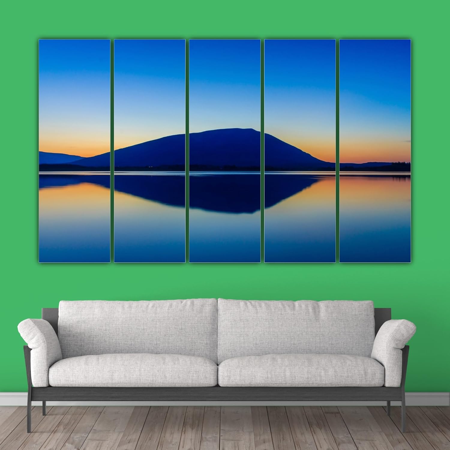 Scale New Heights wall art with five framed panels of serene mountain panorama