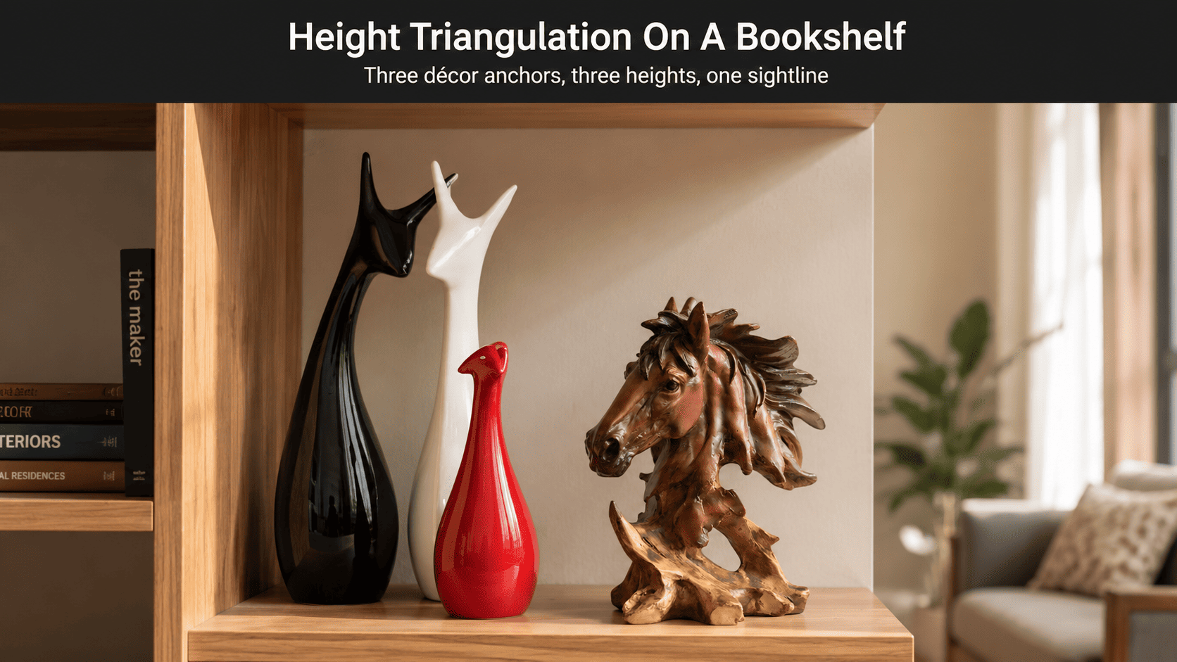 decor accents clustered at varying heights on a bookshelf