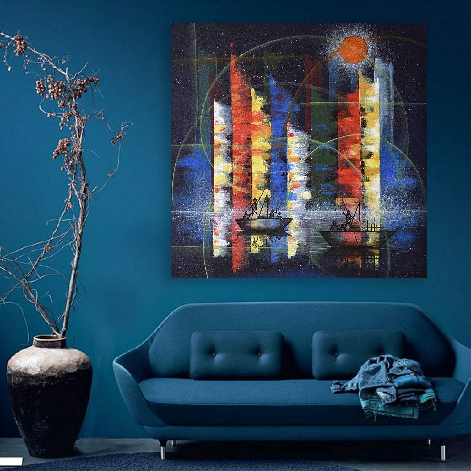 Escape-tastic Dream Unframed Abstract Wall Art featuring bold geometric shapes in earthy tones against a white wall.