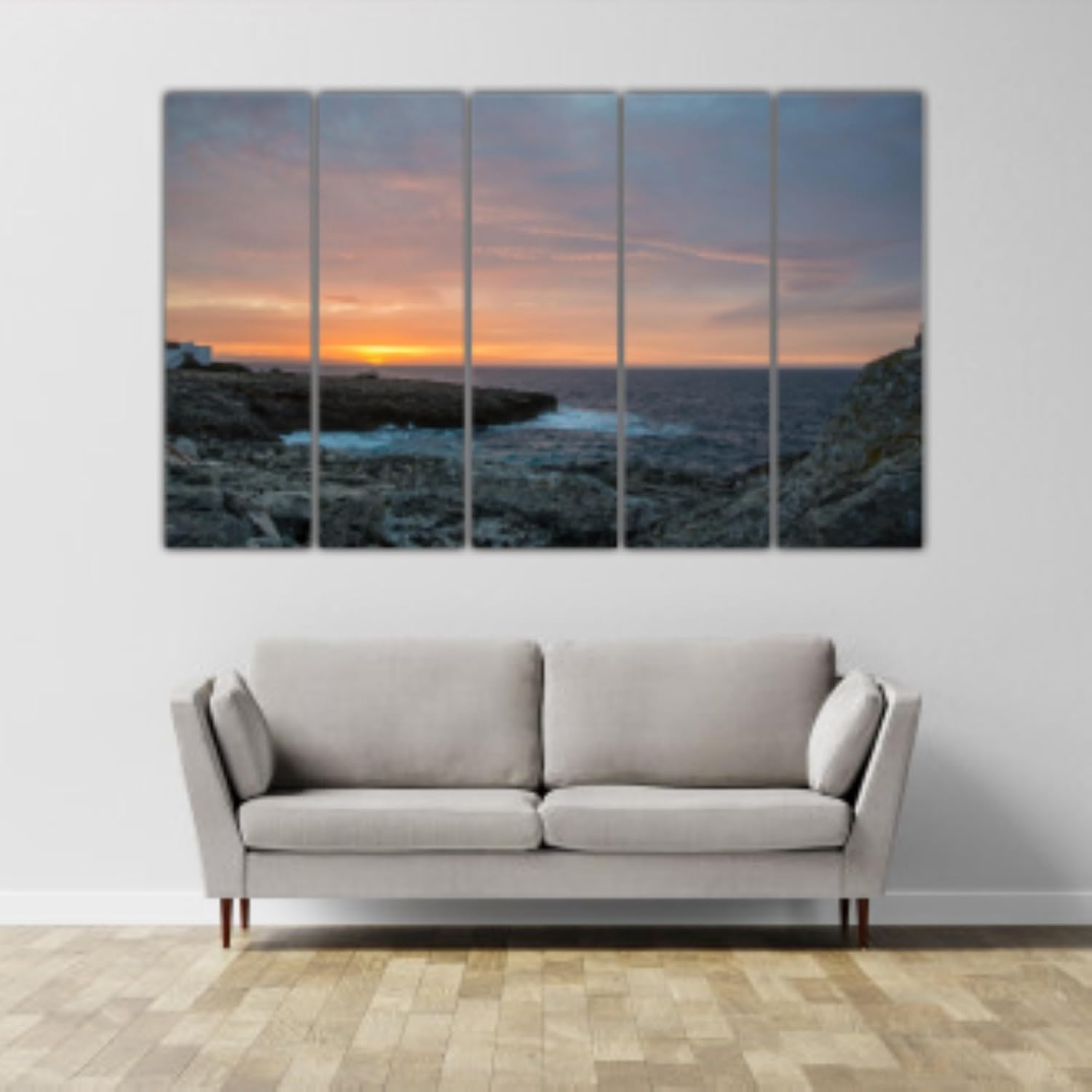 Close-up of framed coastal Wall Art panels with vibrant sea-shore imagery