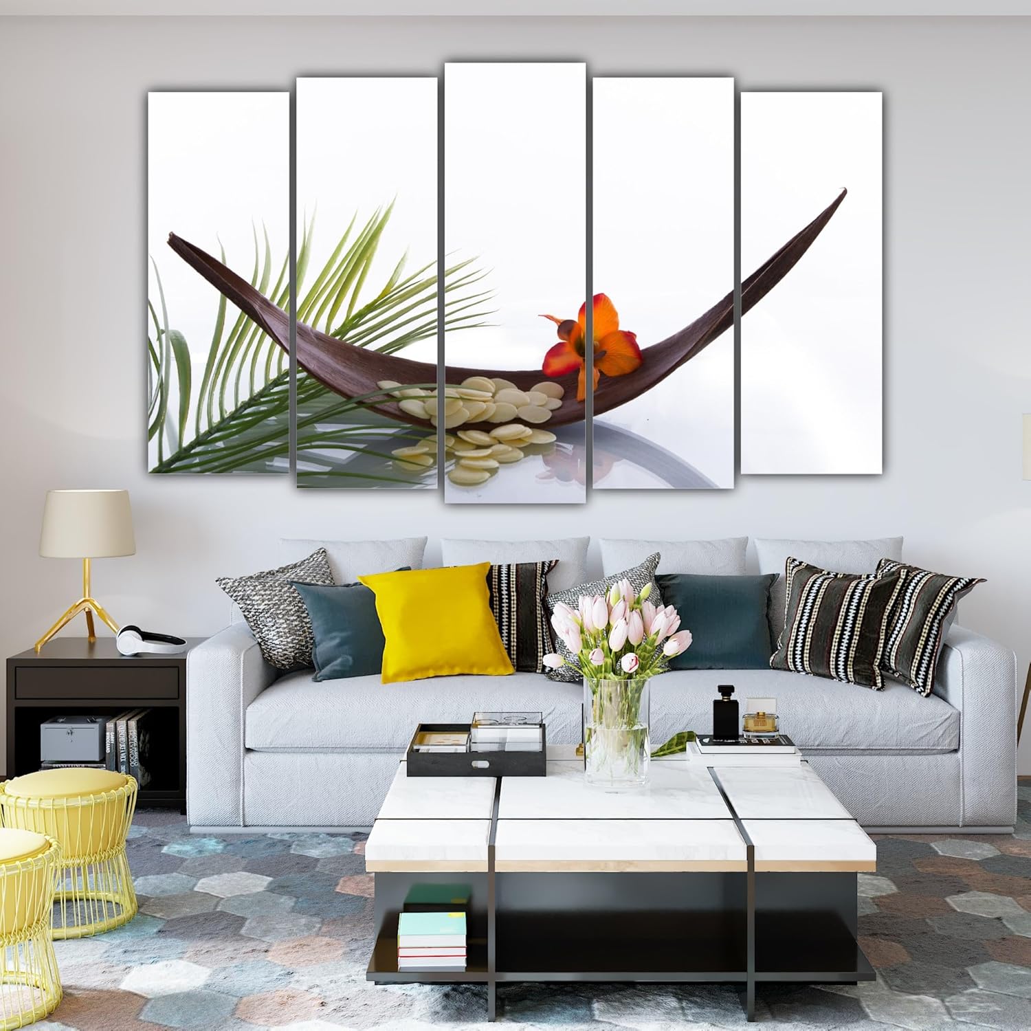 Close-up of the framed panels of Wellness-tastic 5-Panel Wall Art Photography That's Framed to Please (127x76cm) highlighting splash-proof finish