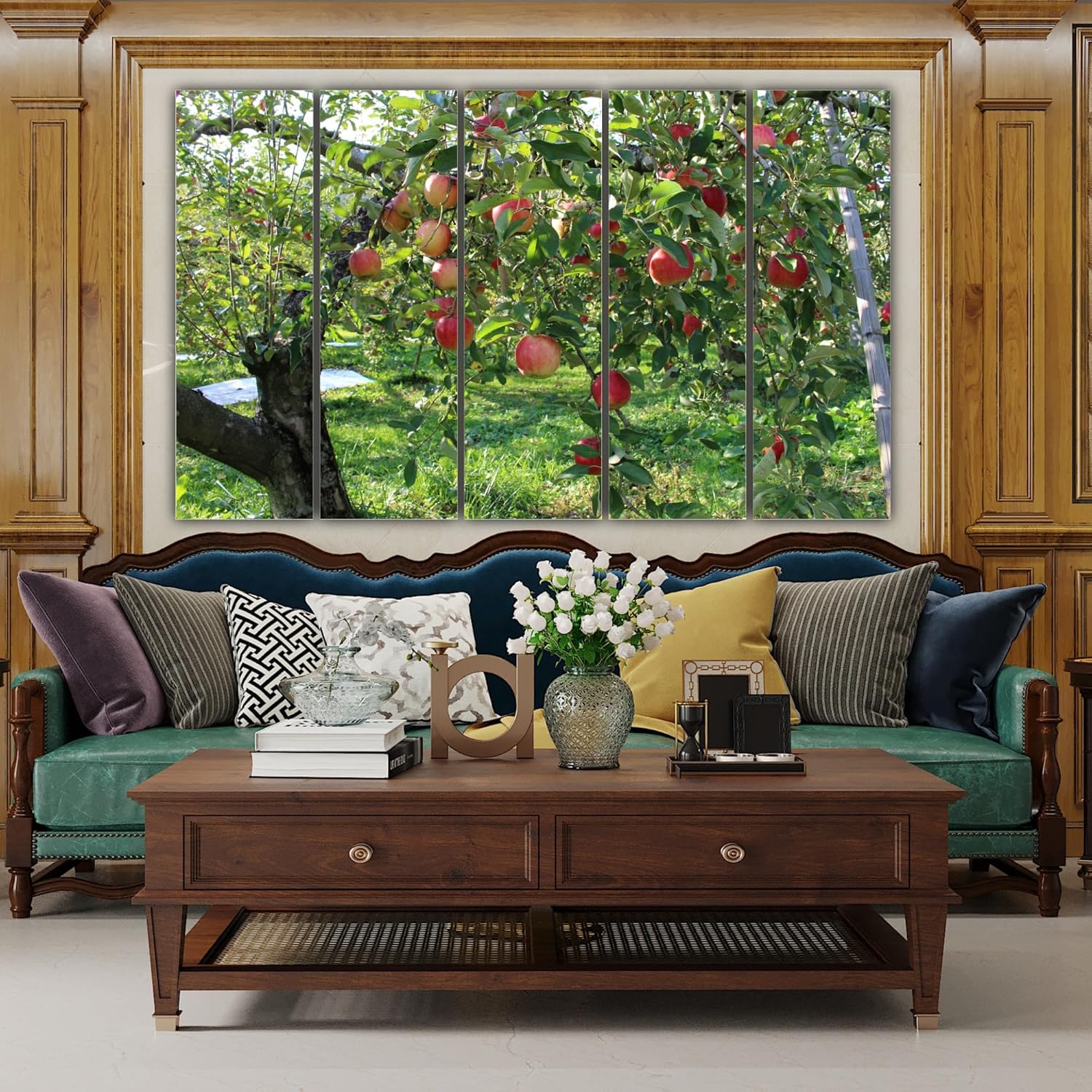 Apple-tastic Multi-Frame Photography Framed Wall Art for Orchard-Fresh Vibes (150x76cm) capturing red apples and green leaves up close.