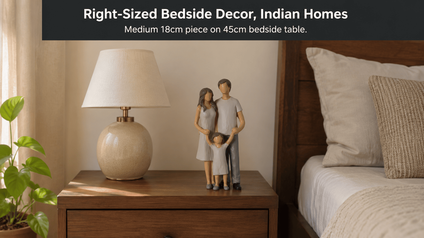 ceramic decorative object on a wooden bedside table beside a lamp