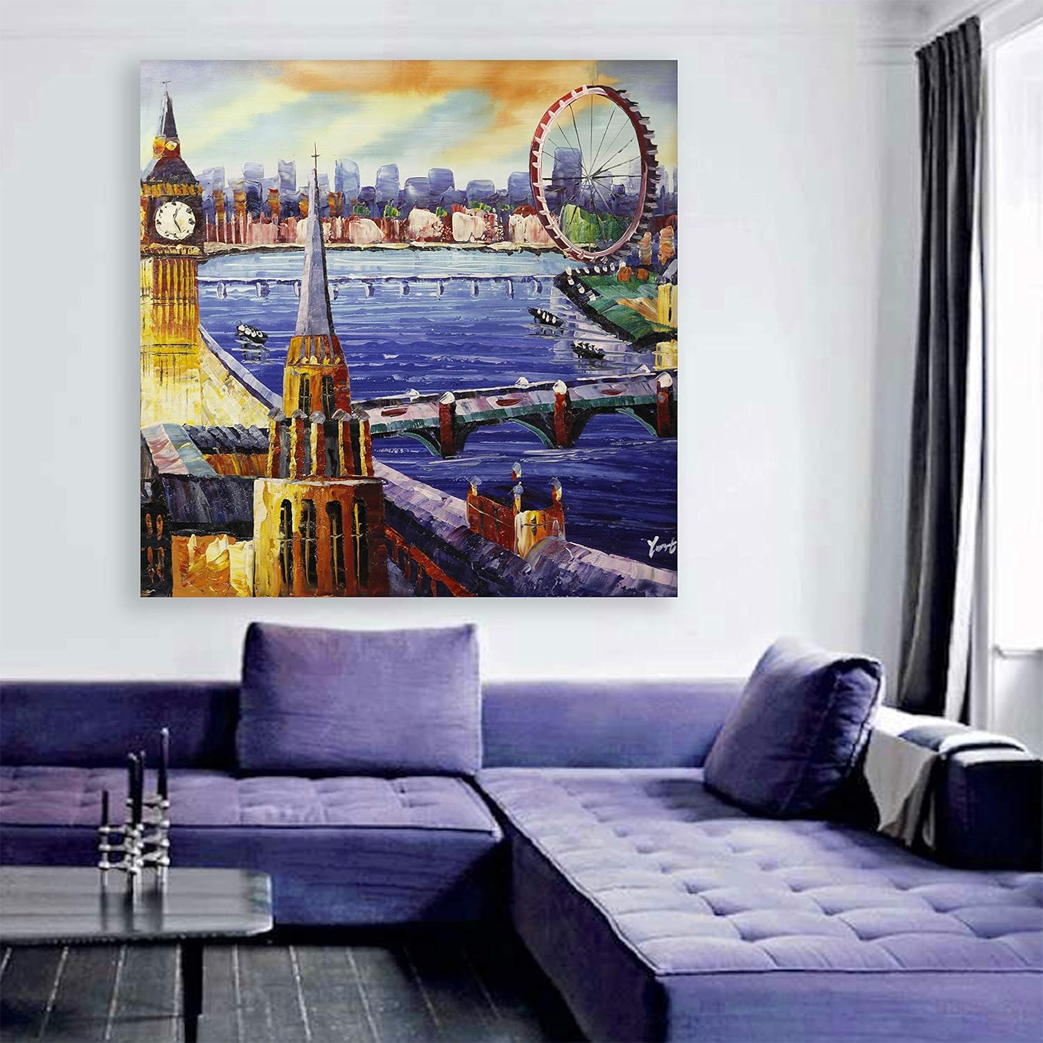 Window-to-The-City Unframed Wall Art (91x91cm) showing a vibrant purple cityscape printed on pure cotton canvas