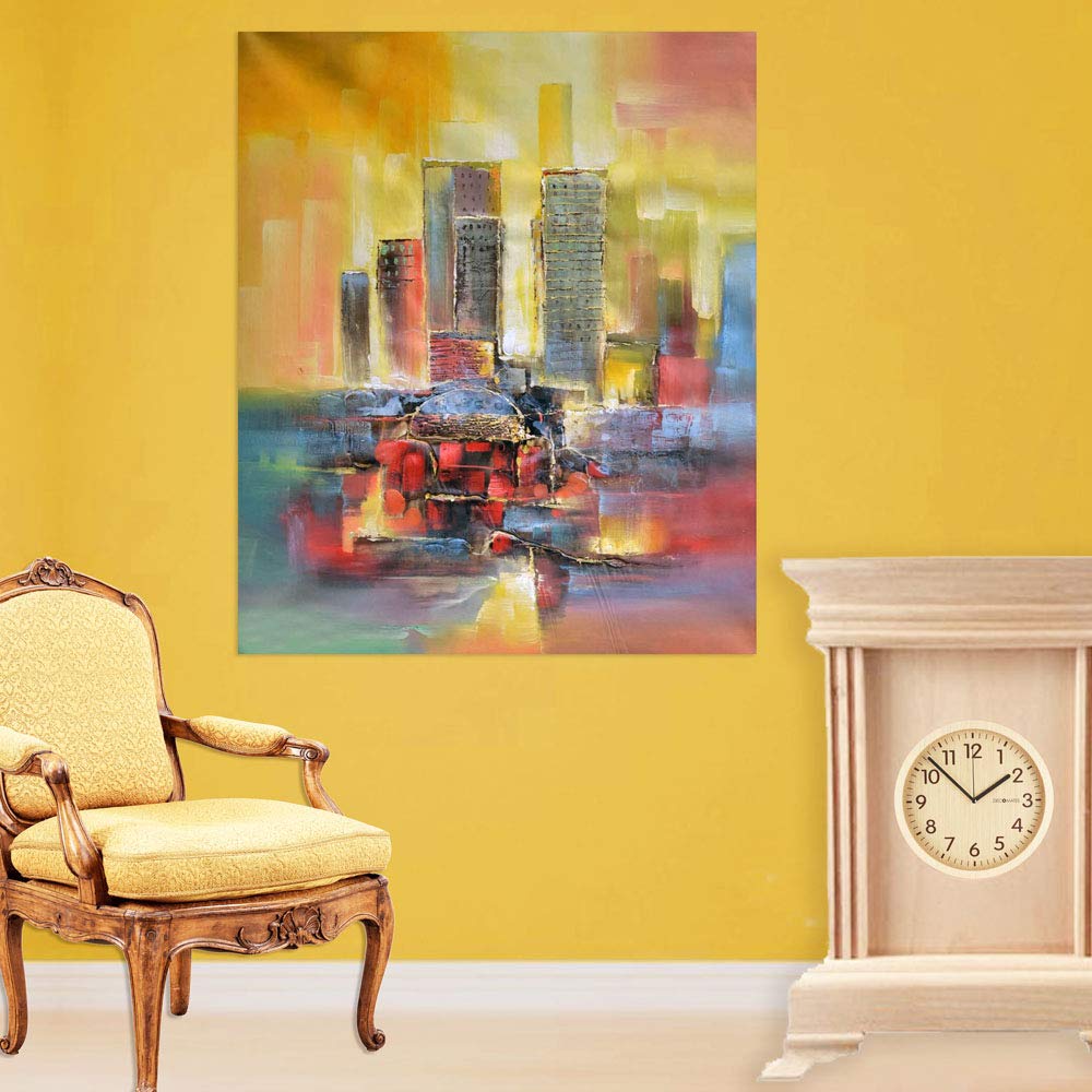 Acid-Trip Cityscape Unframed Wall Art showcasing neon skyscrapers against a vivid sunset