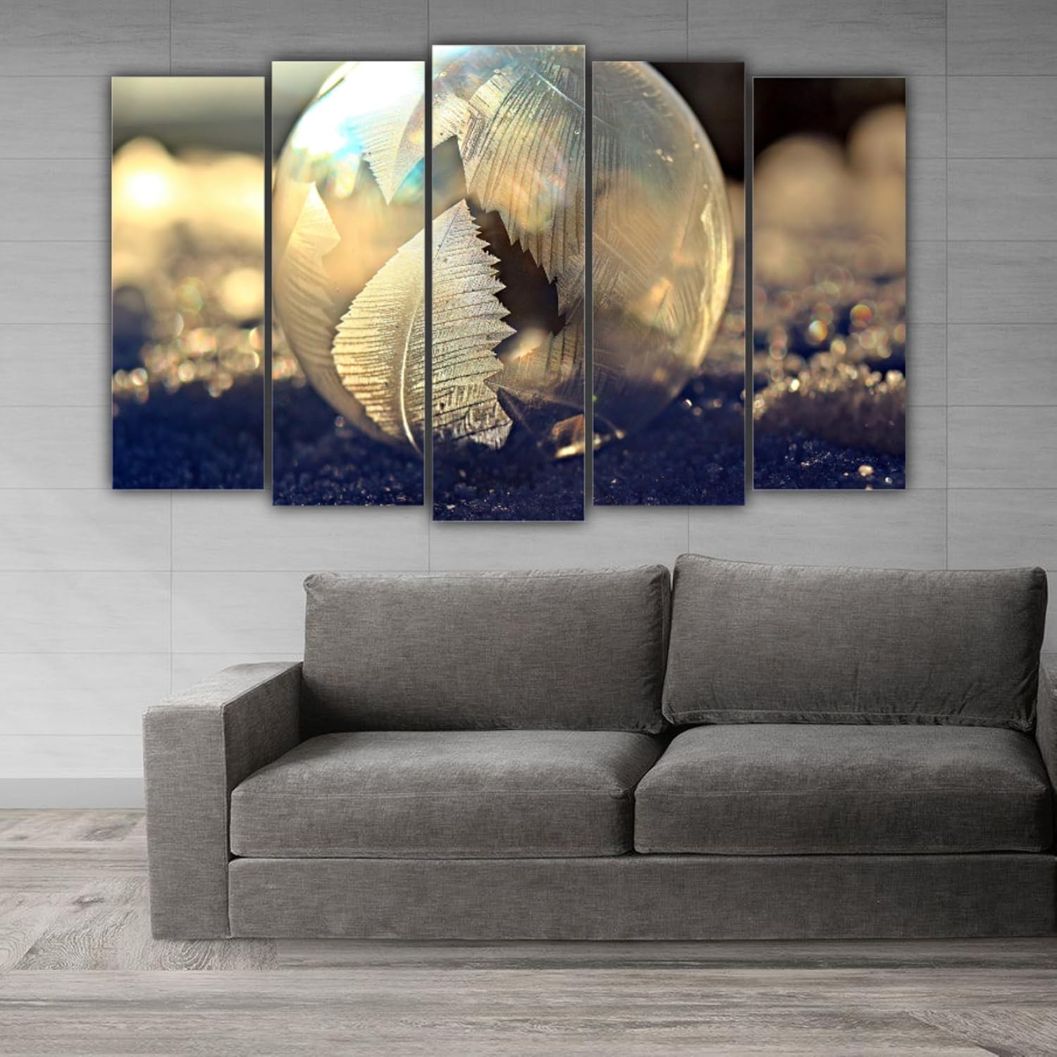 Five-panel framed abstract vinyl Wall Art brightening a minimalist living room