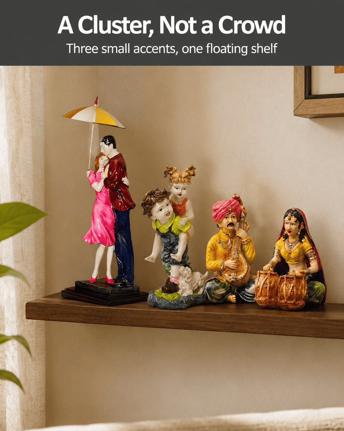 cluster of small decorative accents on floating shelf