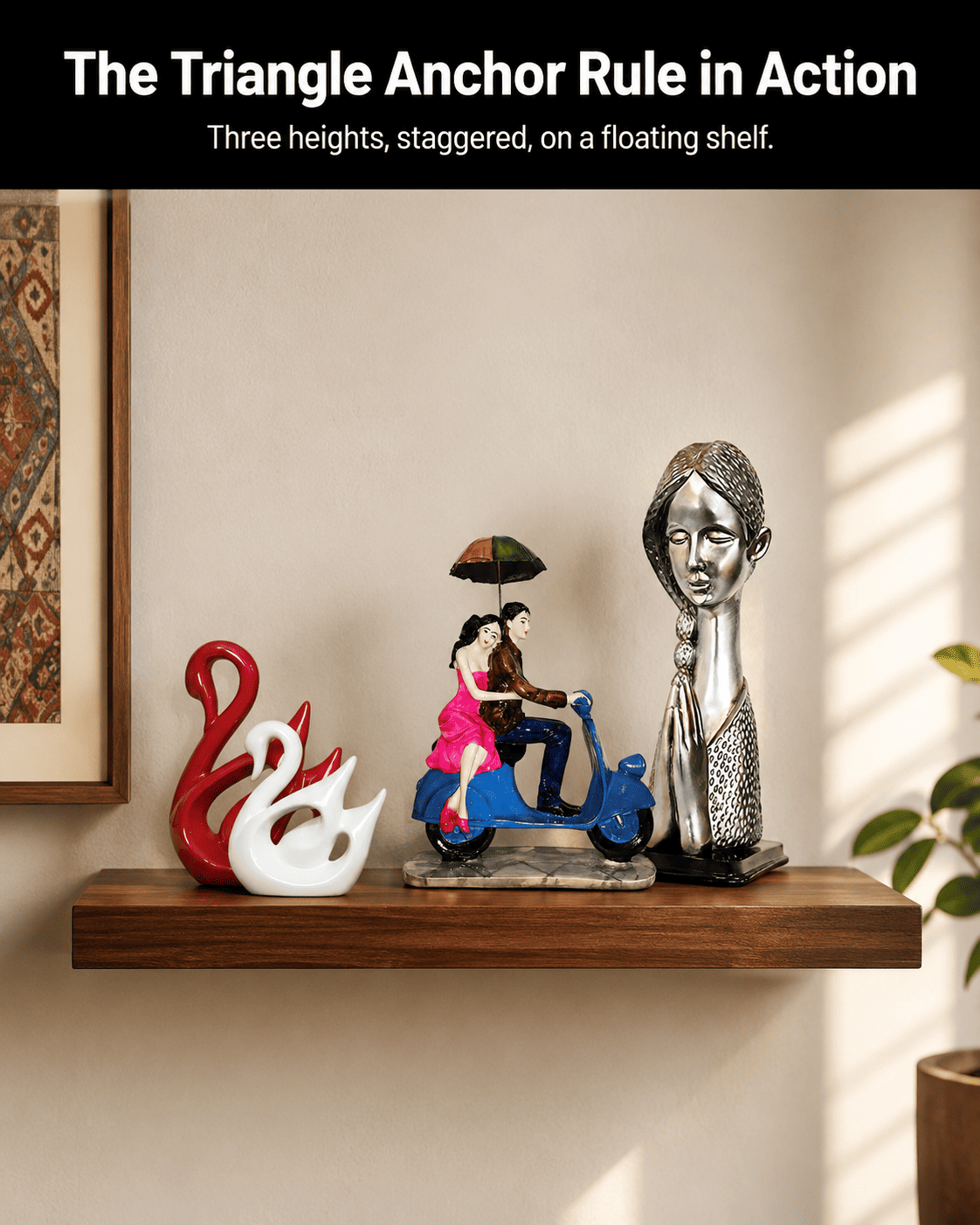 three decor accents grouped at varying heights on a shelf