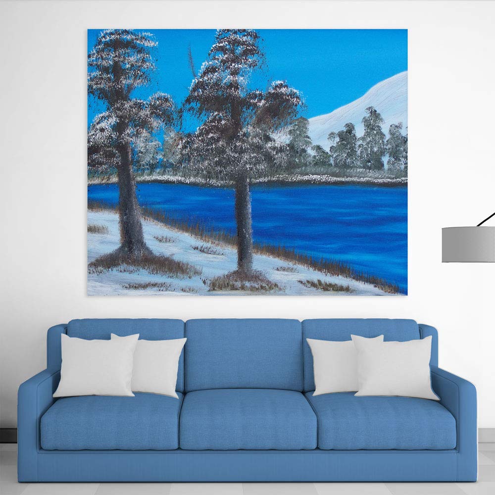 Highway to Hue: Countryside Blues Unframed Wall Art displayed above a cozy living room sofa
