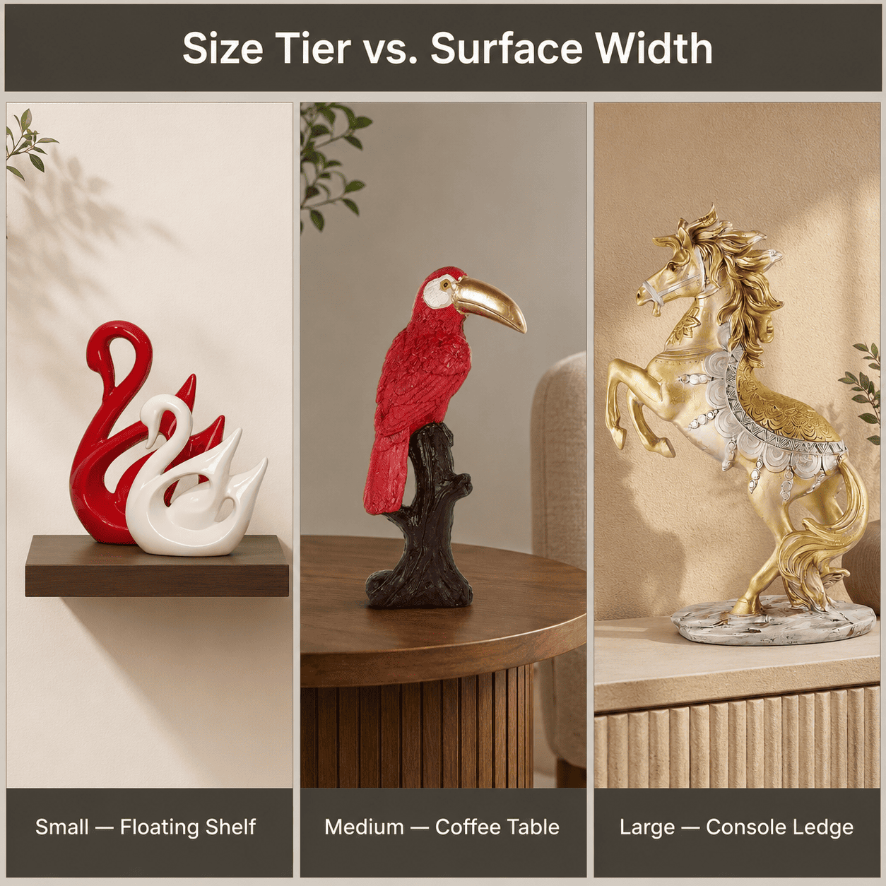A size comparison grid of small, medium, and large décor pieces against matching surfaces
