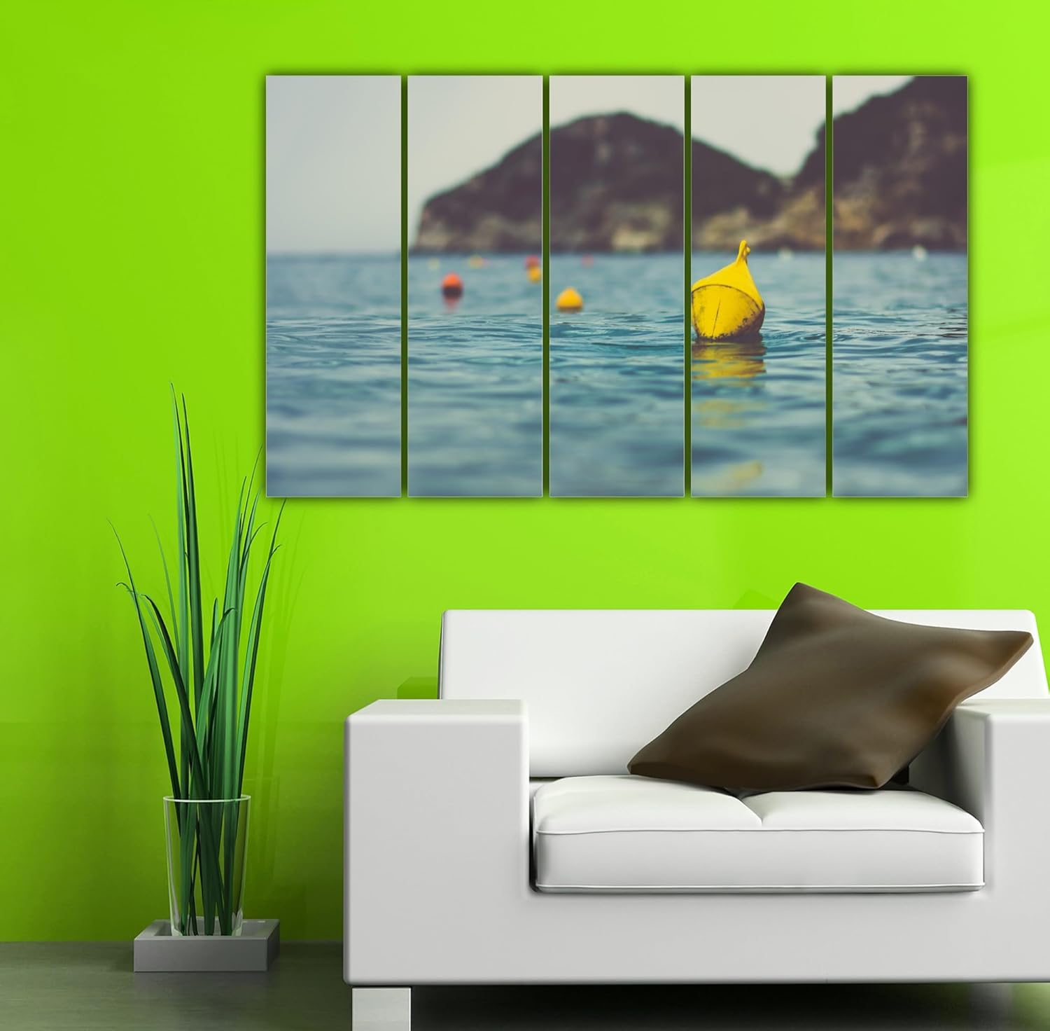 Five-panel Lake-azing Wall Art with framed photography of calm waters and lush surroundings