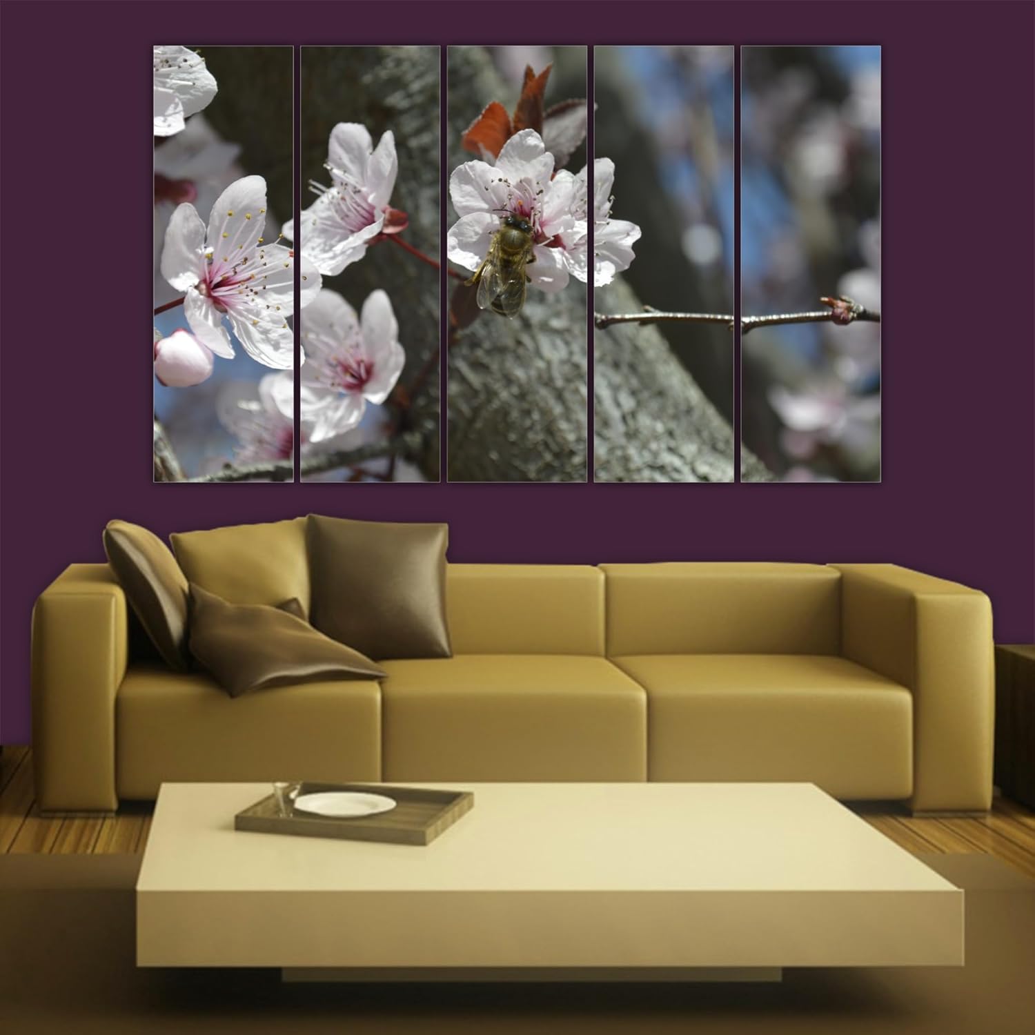Close-up of Bee-utiful Buzz: Multiframe Bee & Leaves Framed Wall Art To Brighten Your Space showing golden bee and leaf details.
