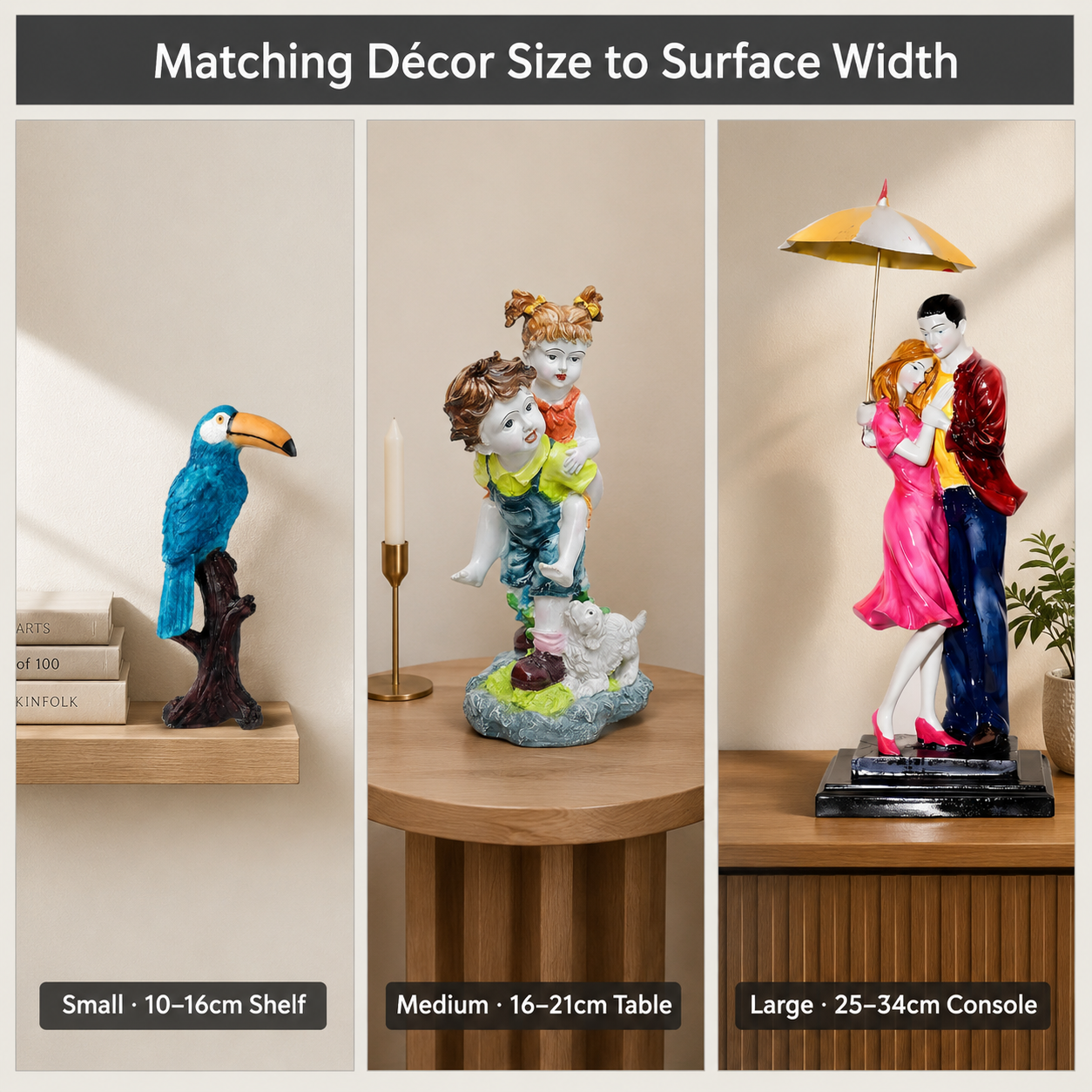 comparison grid of small medium large decor on shelf side table console