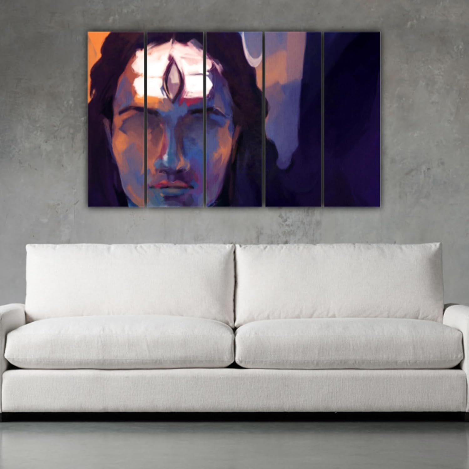 Close-up of the multi-panel Shiva Wall Art showing vibrant vinyl print and sleek frames