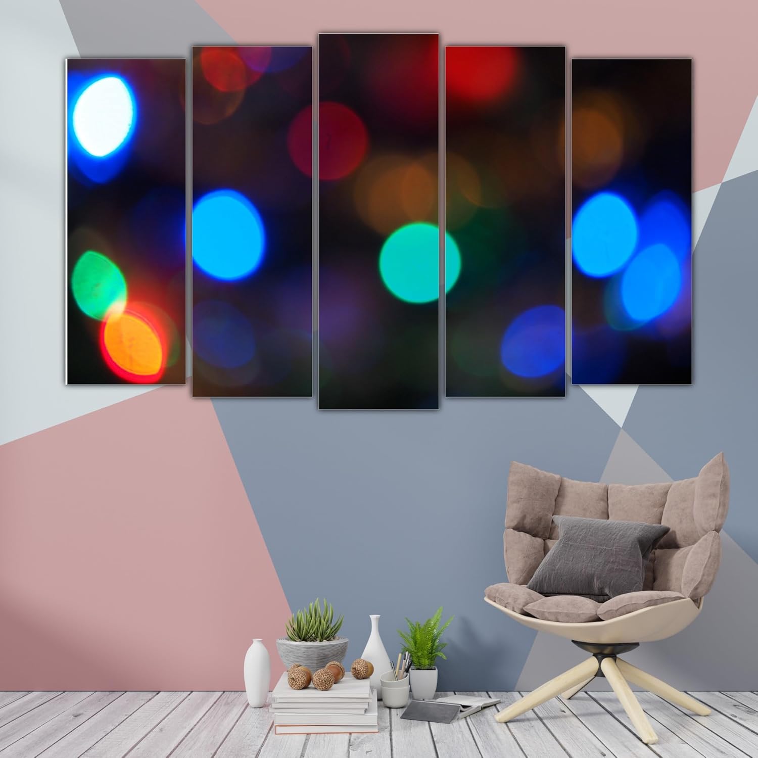 Full view of Bokeh-tastic Multi-Frame Photography Wall Art hanging on a living room wall