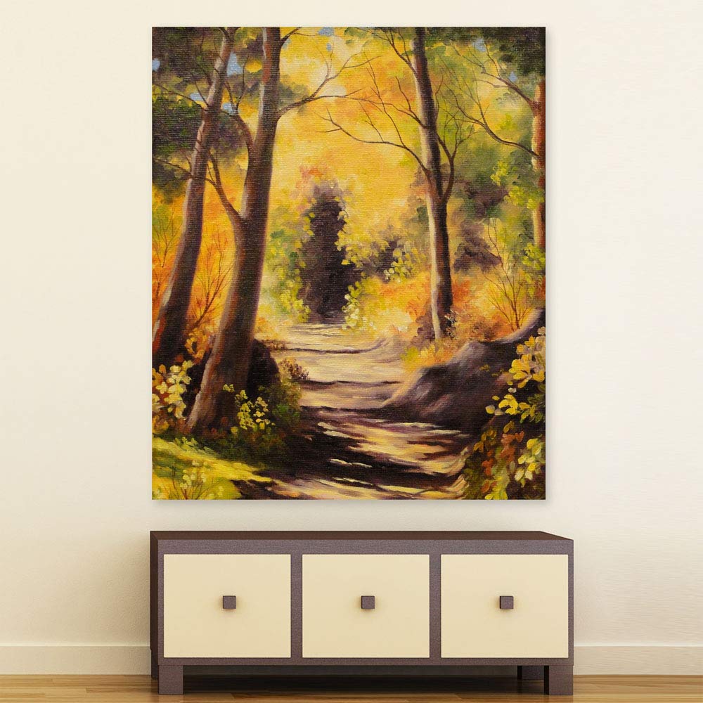 Trailblaze Your Walls: Unframed Nature Wall Art Adventure showing a serene forest path on matte cotton canvas.