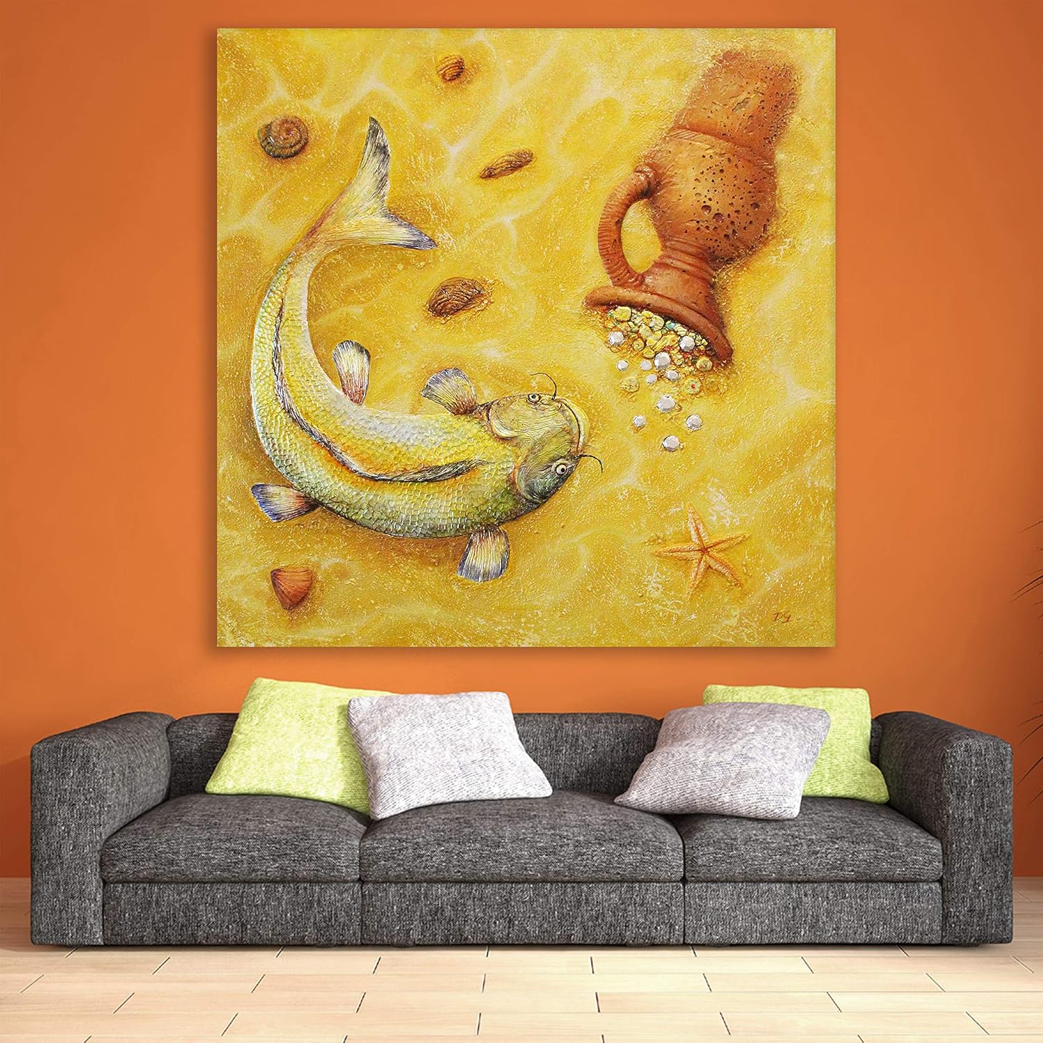 Fish Tales & Vase Trails: Catfish Abstract Unframed Wall Art featuring a whimsical catfish swirling around a decorative vase