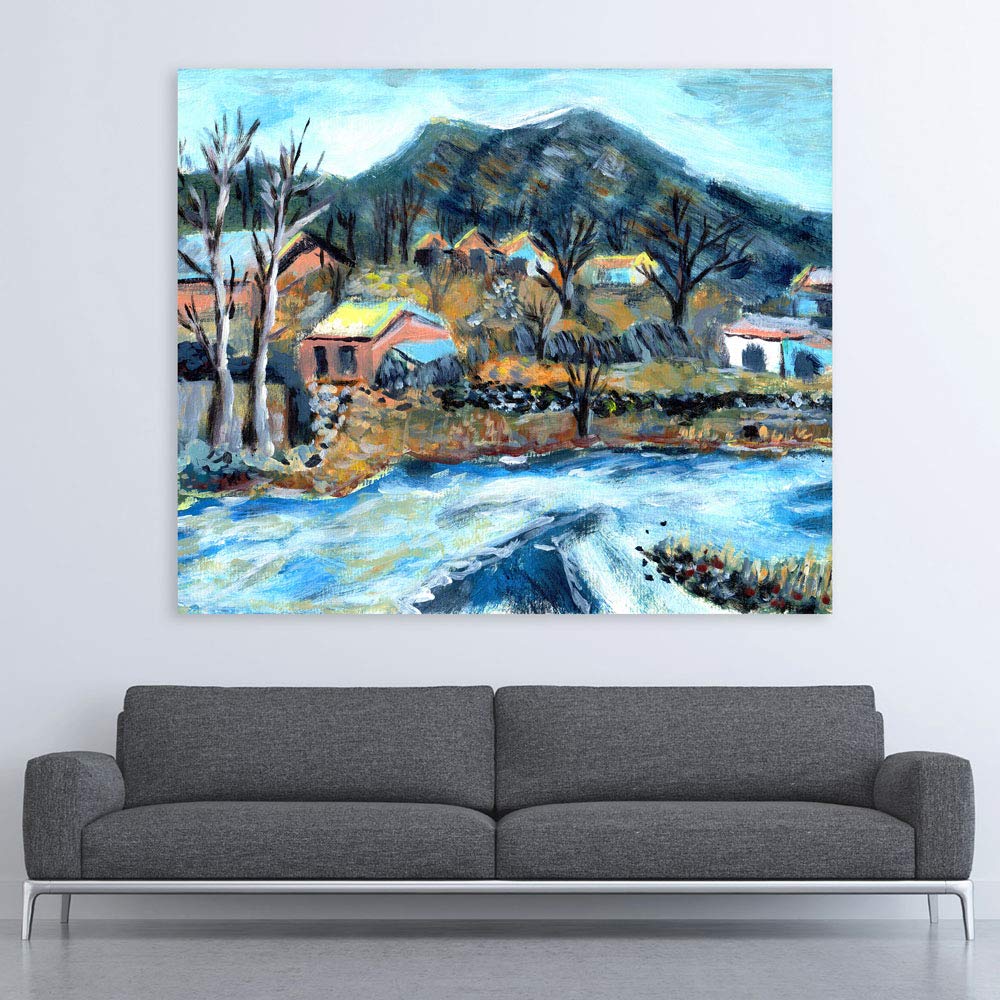 Snow Much Fun: Unframed Winter Wonderland Countryside Wall Art showcasing a snowy farm landscape.