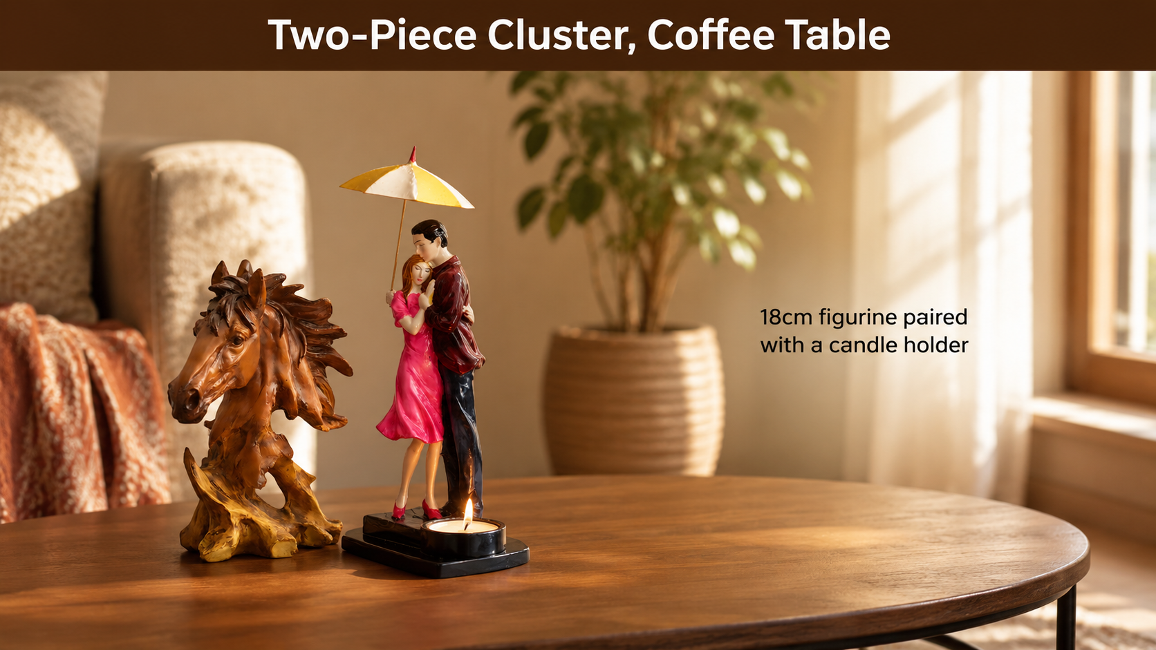 medium abstract figurine clustered with a candle holder on a coffee table
