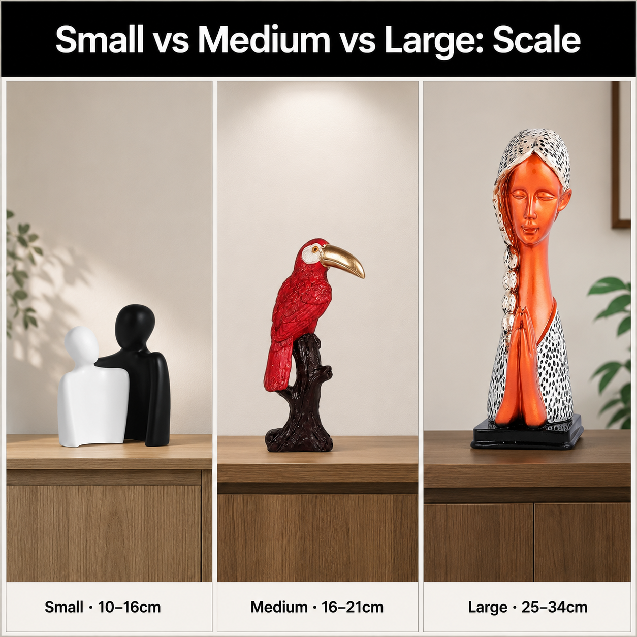 comparison grid of small medium and large modern home décor pieces