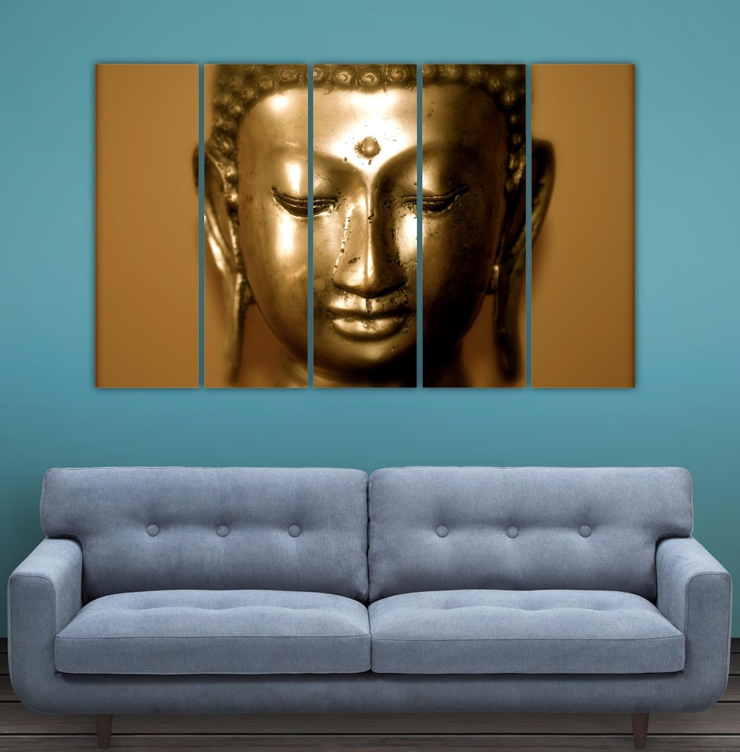 Buddha-tiful 5-Panel Framed Wall Art adding zen vibes to a stylish bedroom