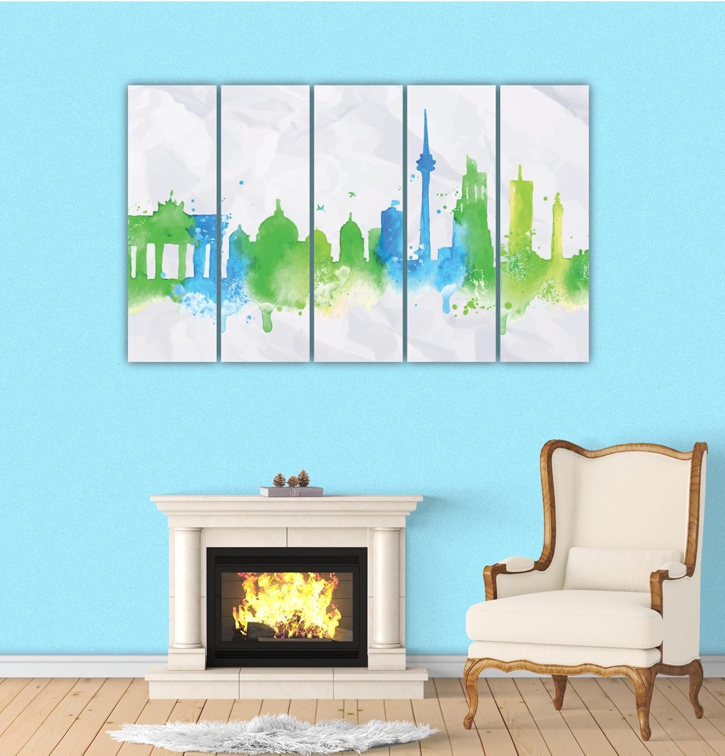 Vibrant Skyline Soiree Cityscape Watercolor Wall Art featuring splash-proof frames and vivid city hues.