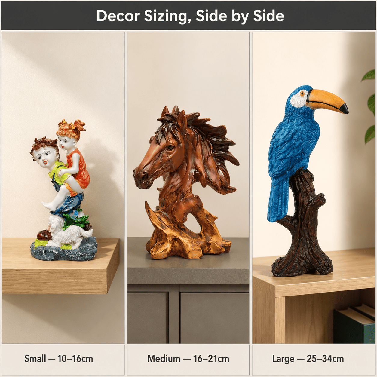 size comparison of small, medium, and large decor pieces against furniture