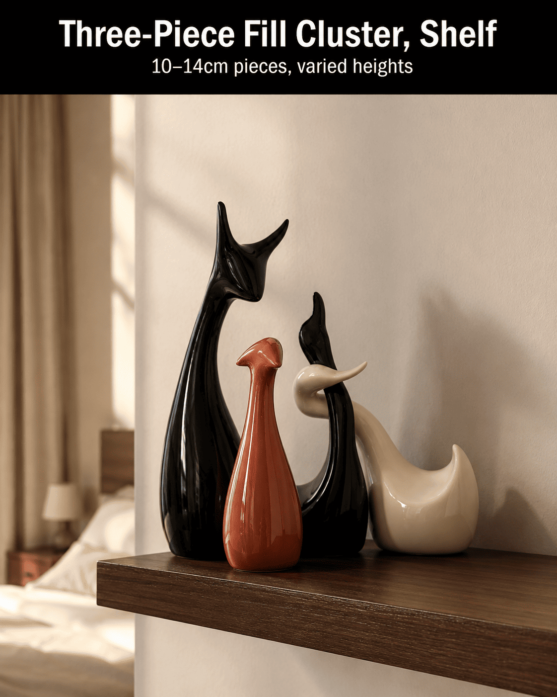 a cluster of small decorative pieces grouped on a narrow shelf