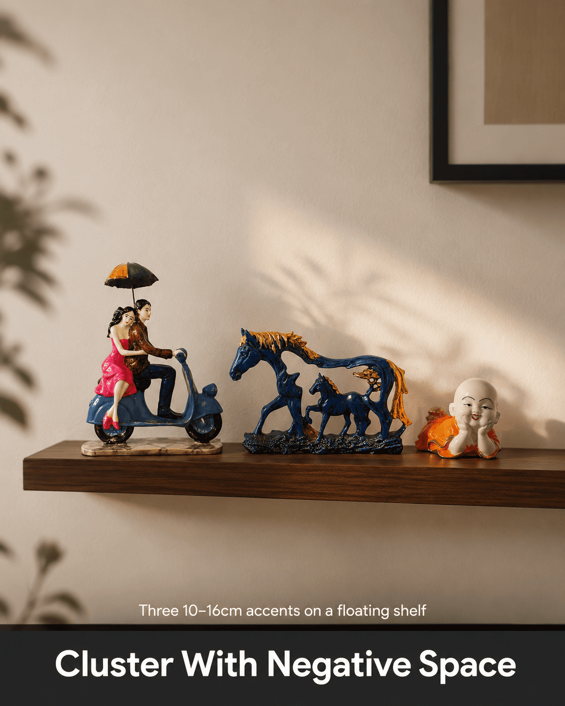 small decorative accents clustered on a floating shelf
