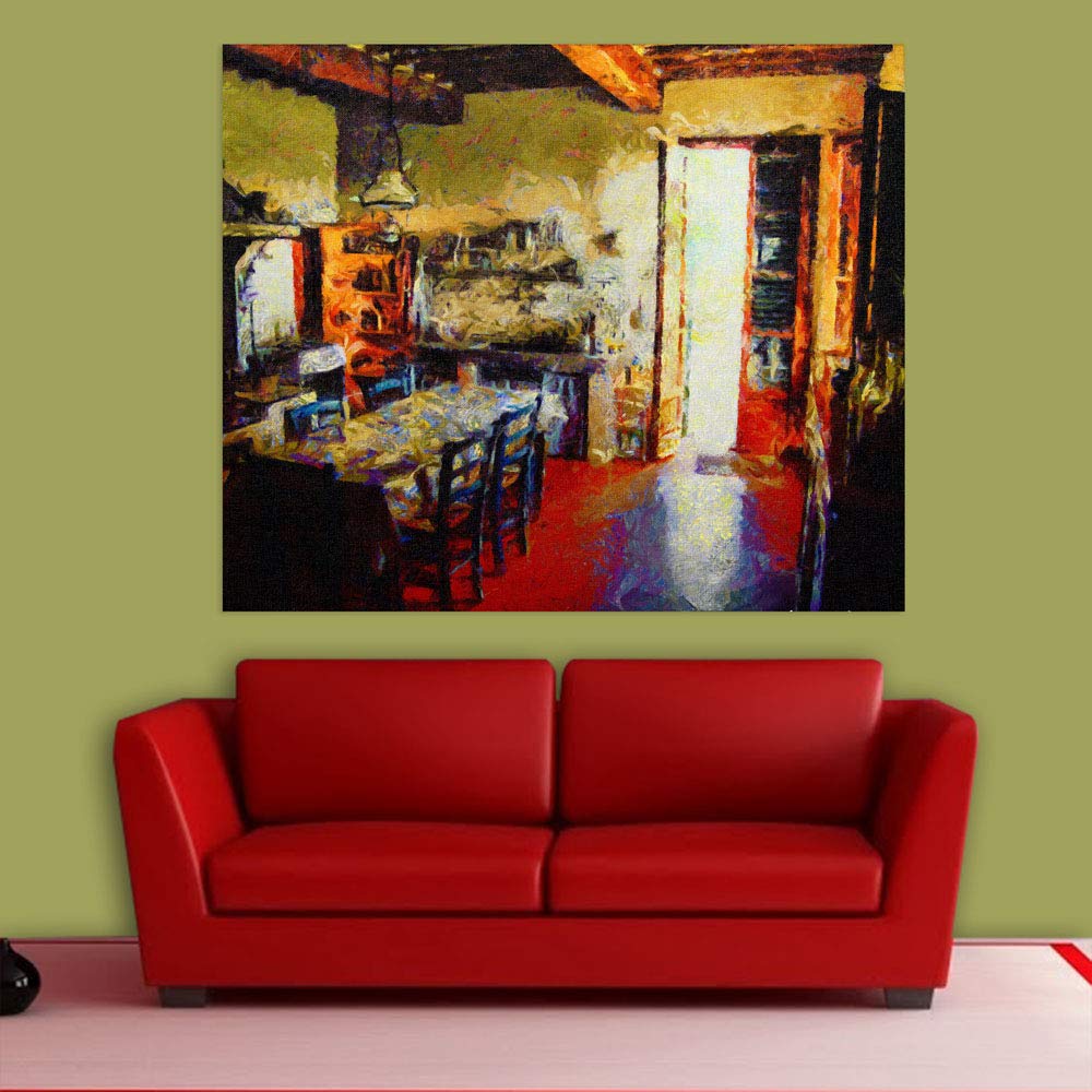 Cook Up City Vibes: Unframed Kitchen Wall Art blending cozy stove imagery and urban skyscrapers on matte cotton canvas.