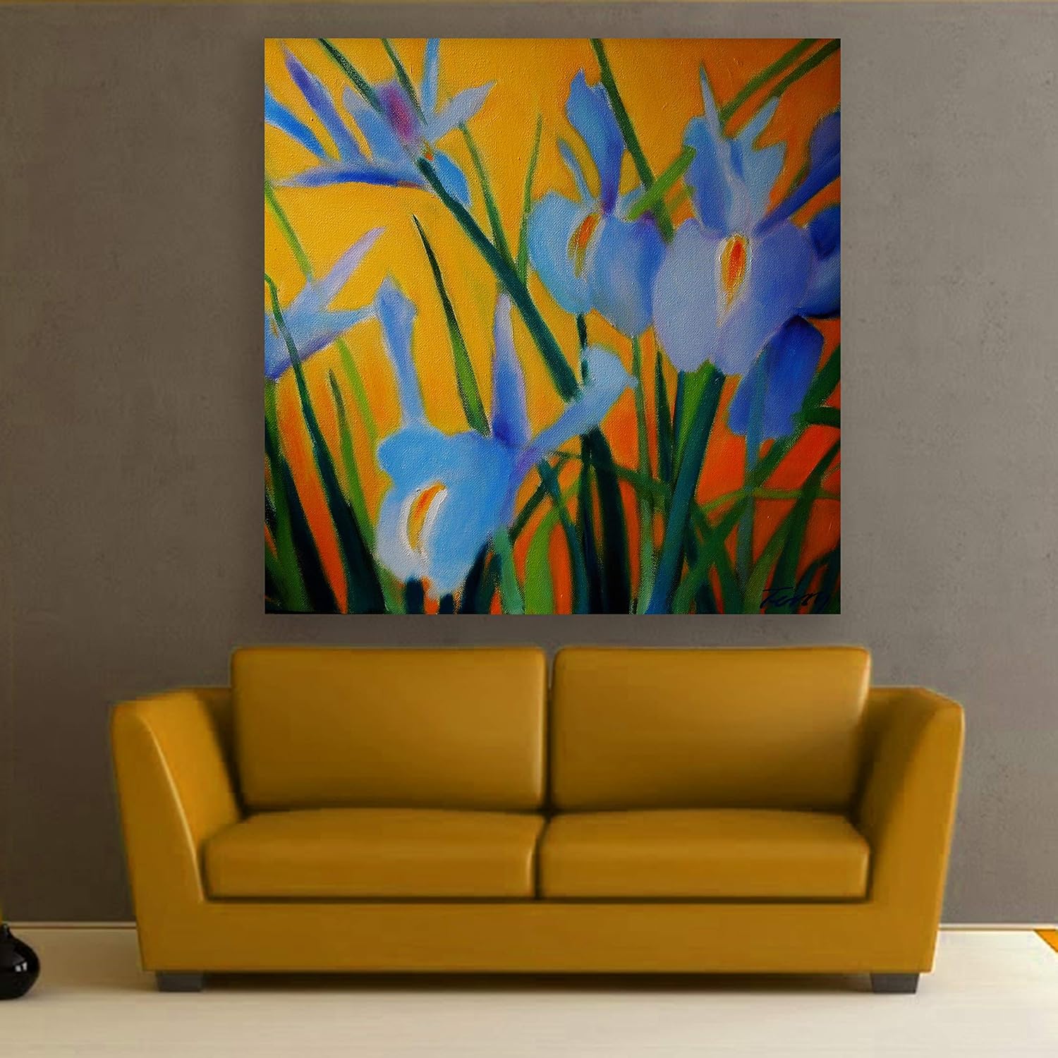 Bright Bloom-tastic Blue Splash Abstract Unframed Wall Art hung above a sofa