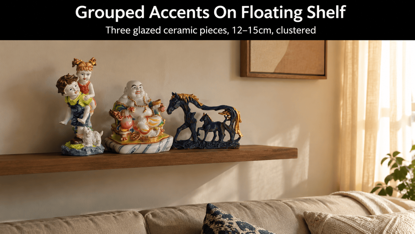 grouped small decorative pieces clustered on a floating shelf