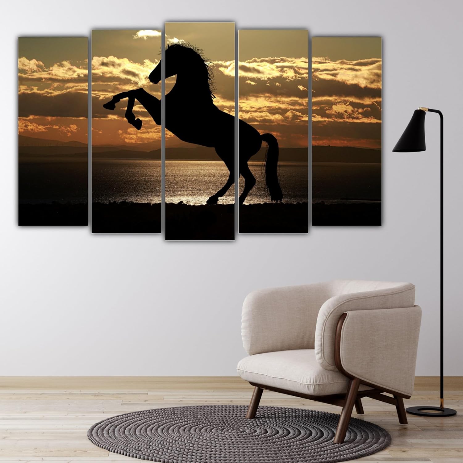 Close-up of Horse-some 5-Panel Framed Vastu Wall Art showing details of running horses and wooden frames
