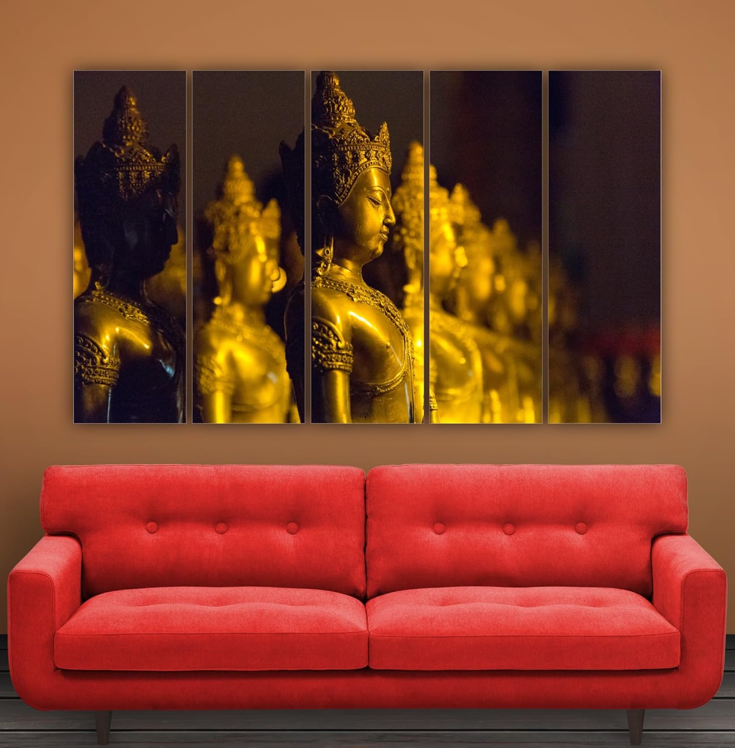 Close-up of the splash-proof vinyl print on the Buddha-tastic 5-Panel Framed Wall Art.