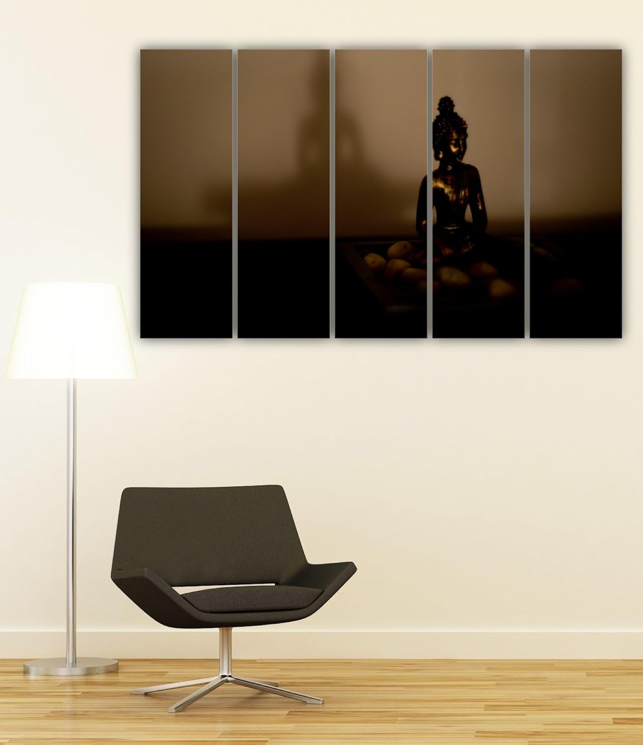 Front view of Buddha-tiful 5-Panel Framed Wall Art That'll Make Your Space Om-Amzing in elegant gold and neutral tones.