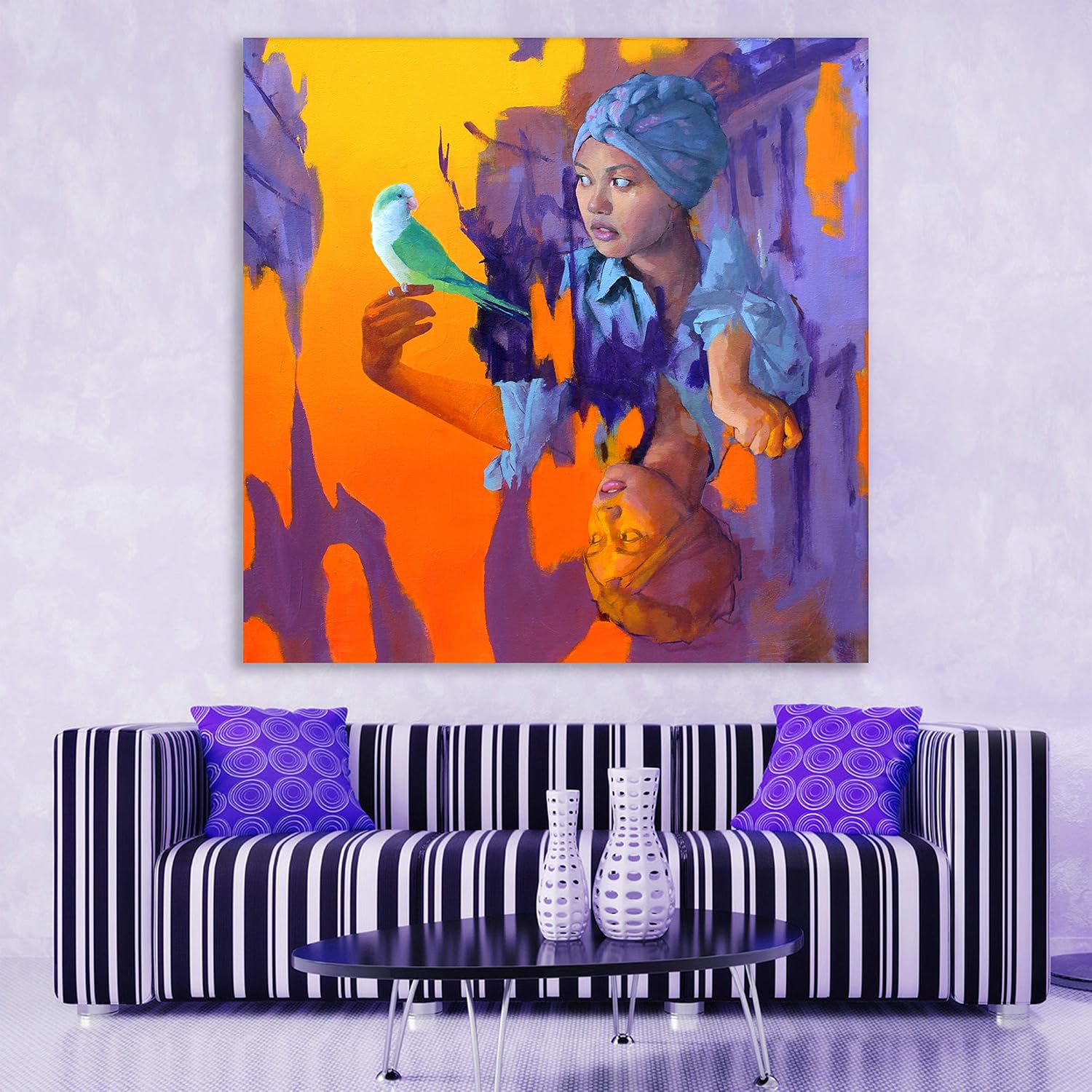 Chirp & Charm: The Woman-with-the-Bird Abstract Canvas - Unframed Wall Art displayed on a pastel wall, showcasing its vivid matte finish.