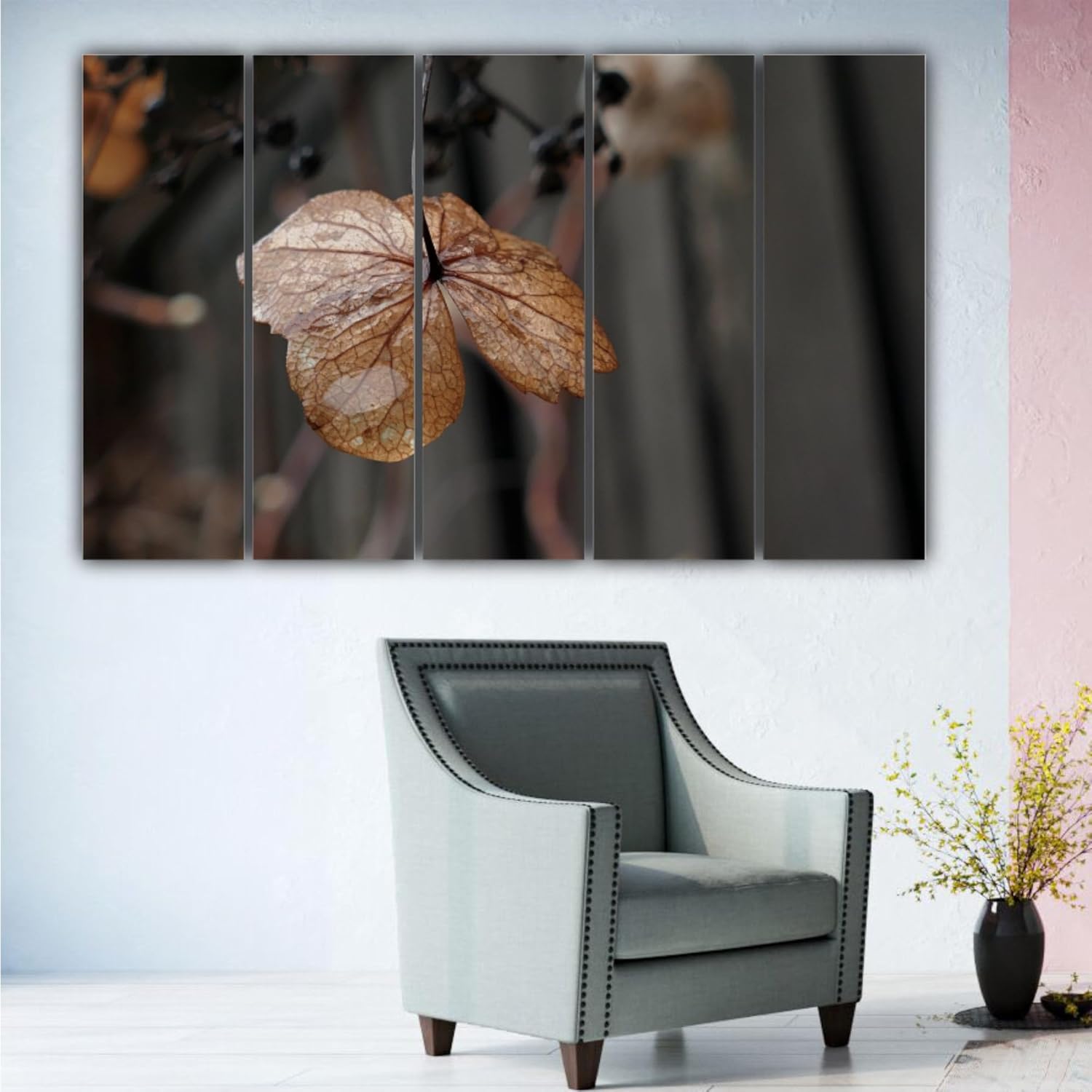 Leaf Your Walls Speechless: framed wall art photography featuring five panels with elegant leaf designs