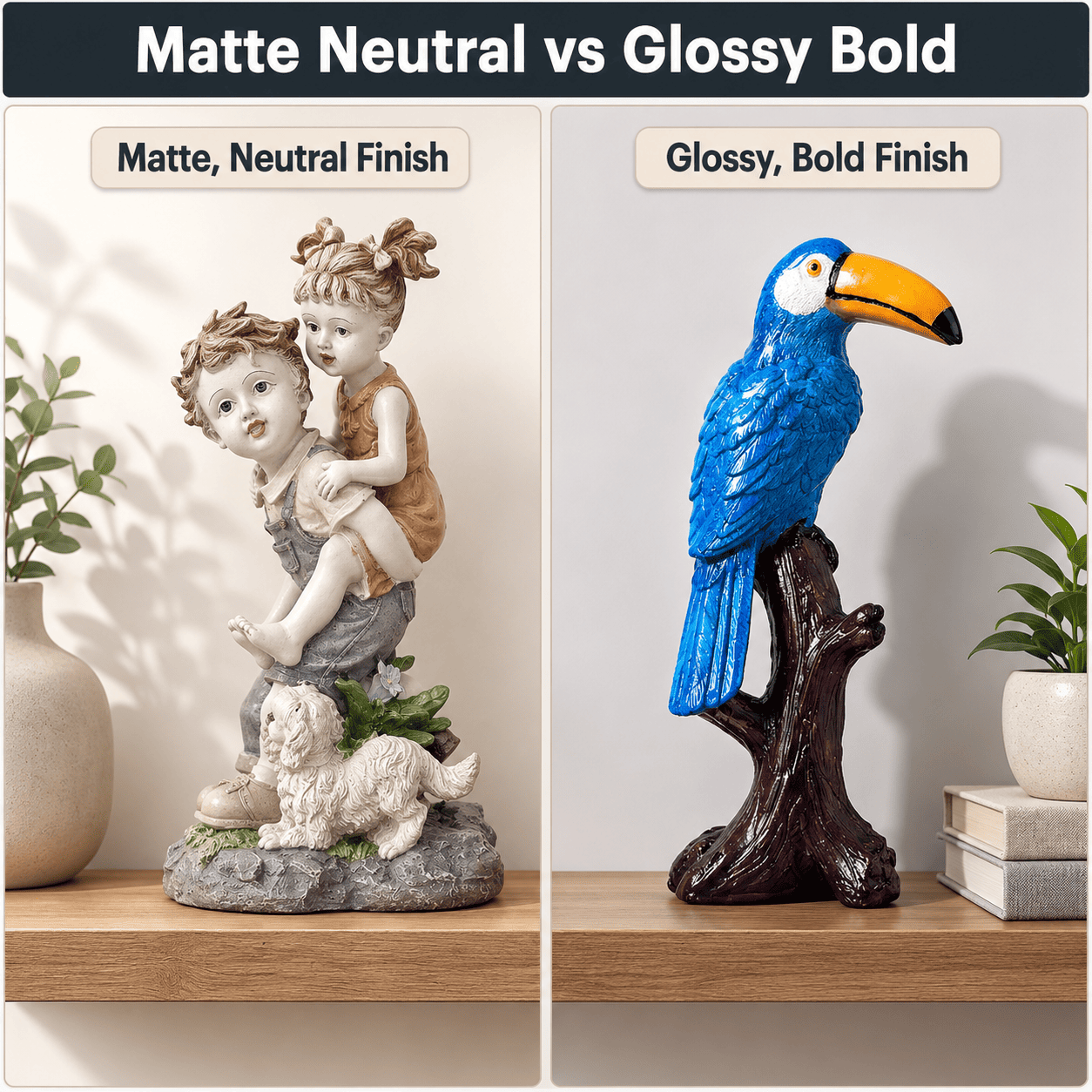 comparison grid of neutral matte versus glossy bold-colored showpieces