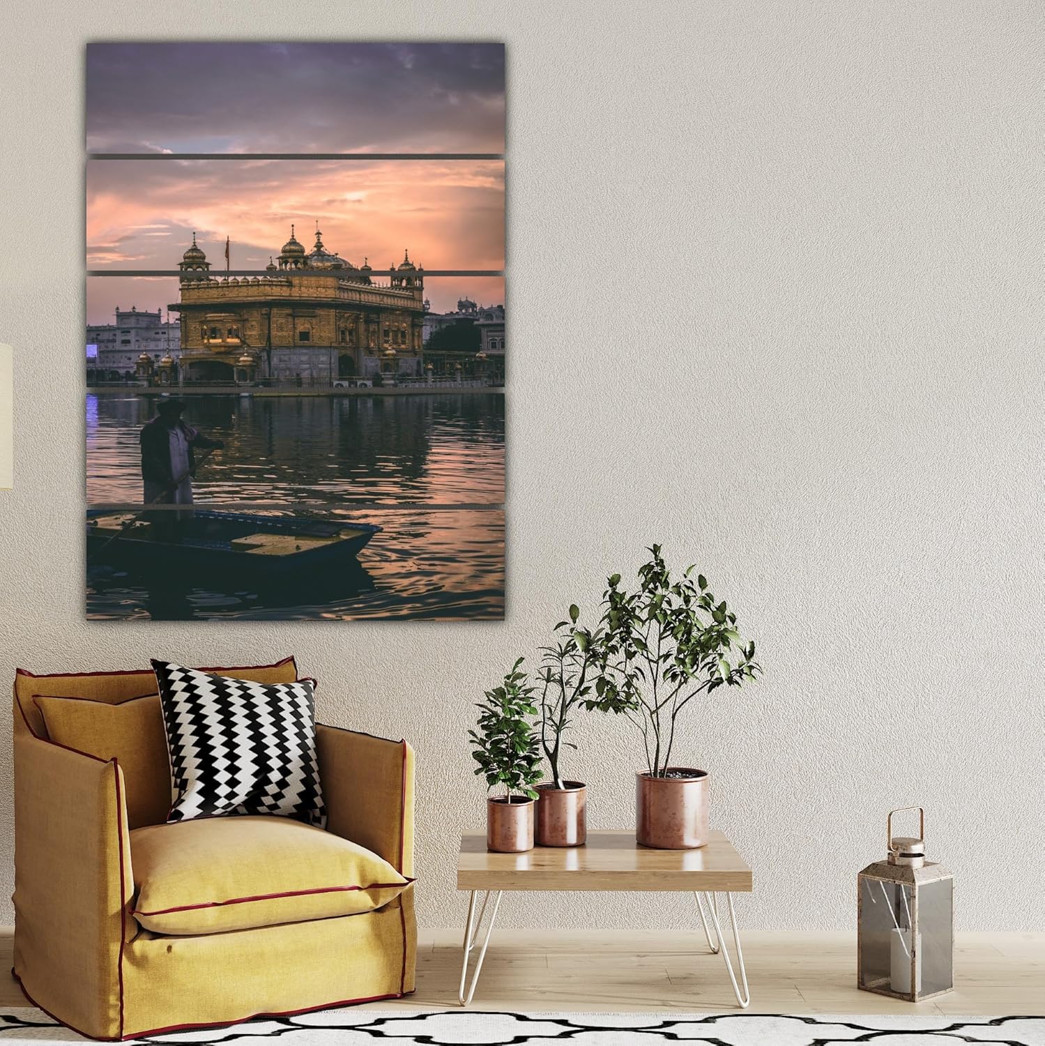 Close-up of golden temple scene on Temple-tastic Abstract Wall Art panels framed to bless your walls