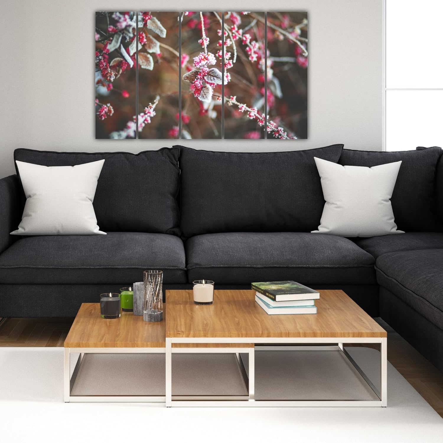 Cherry Leaf Snowfall Photography Framed Wall Art That Blossoms Your Space - Multi-Frame Magic (150x76cm) close-up showing vibrant red leaves on white background