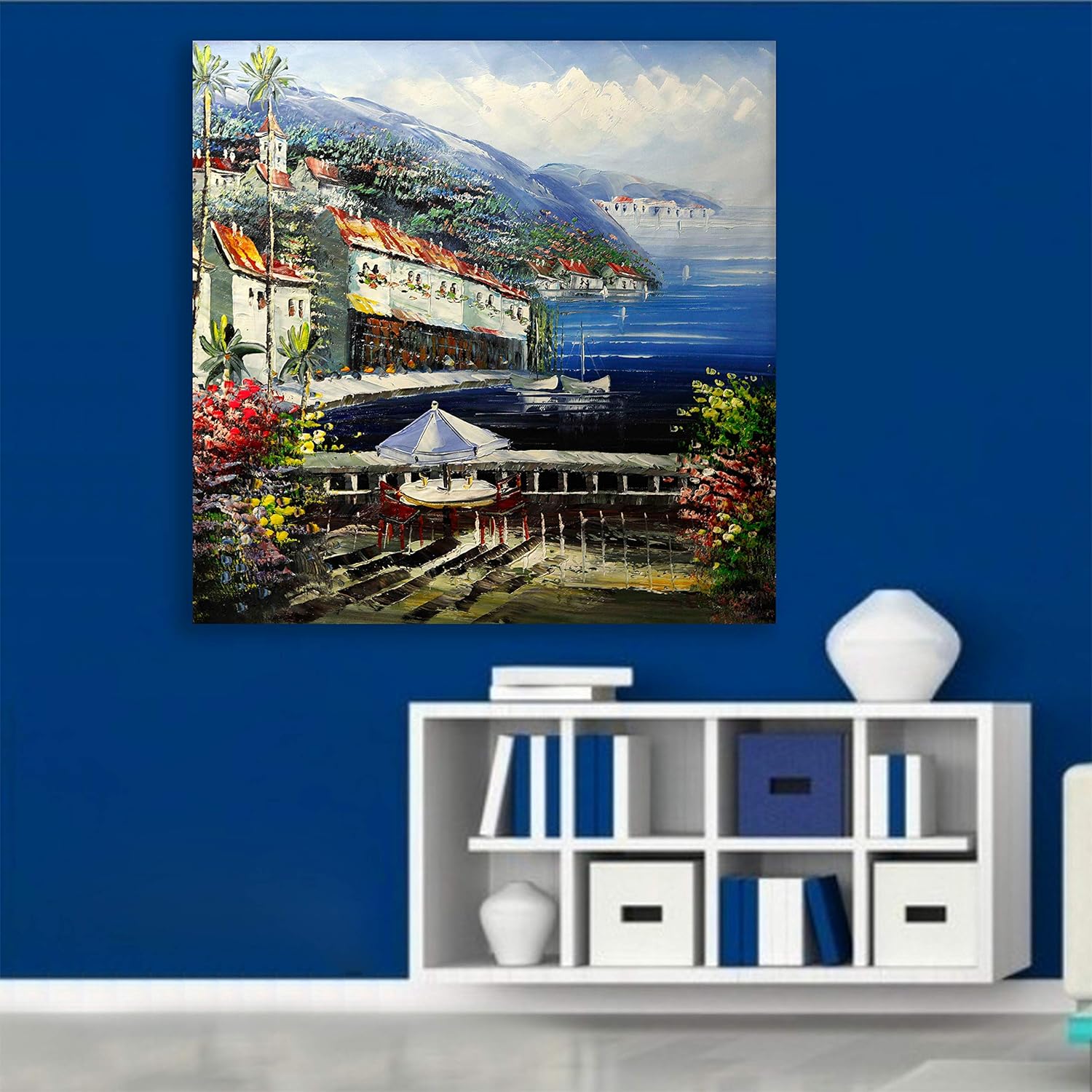 A full view of River-city Rendezvous Unframed Wall Art showcasing a serene river and city skyline.