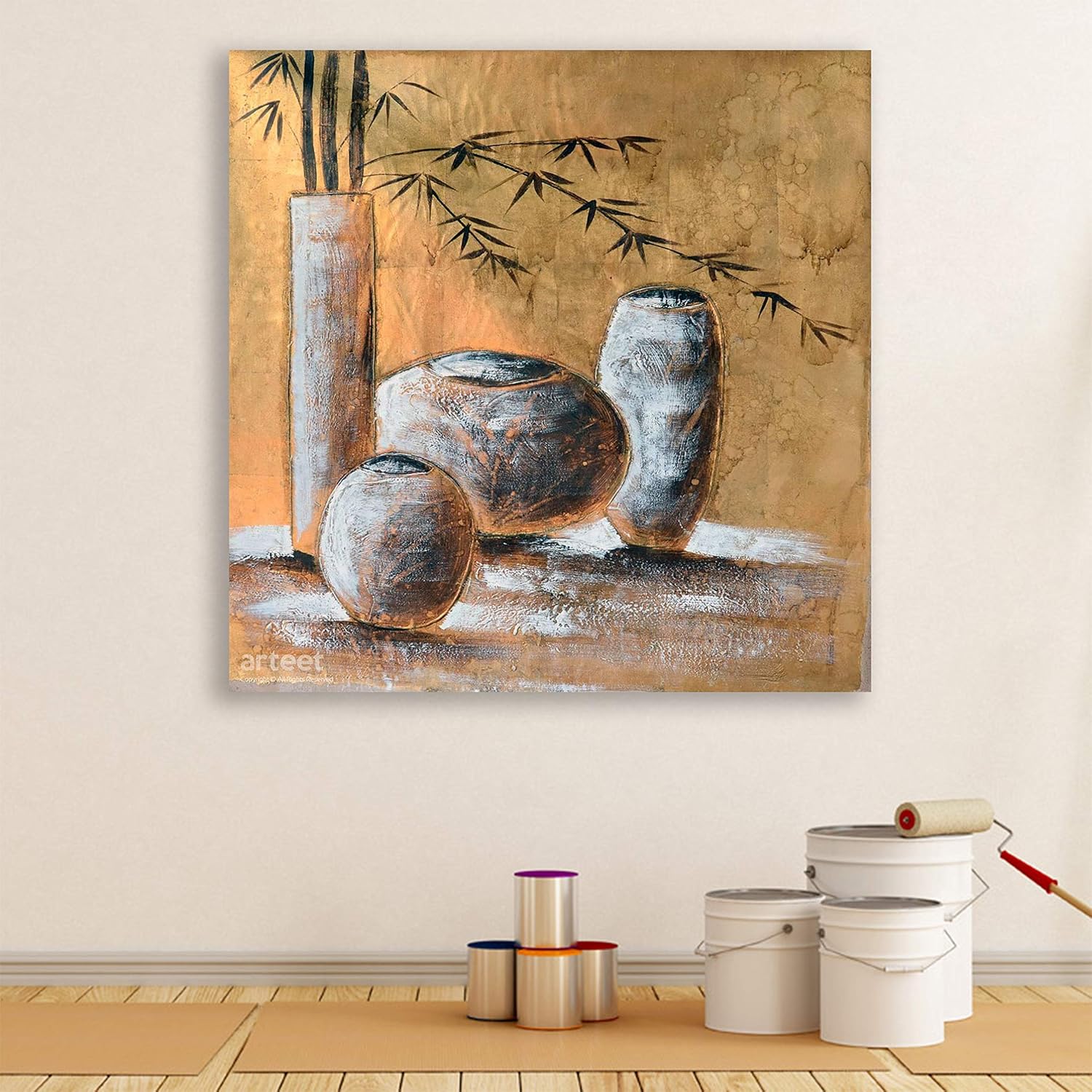 Vase-Tastic 91x91cm Abstract Unframed Wall Art featuring still life vases in earthy matte colors.
