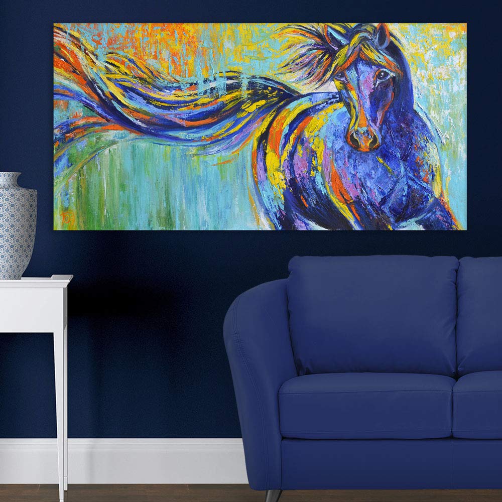 Giddy Up! Wild Horse Abstract Wall Art That Gallops Style - Framed Masterpiece (85x40.5cm)