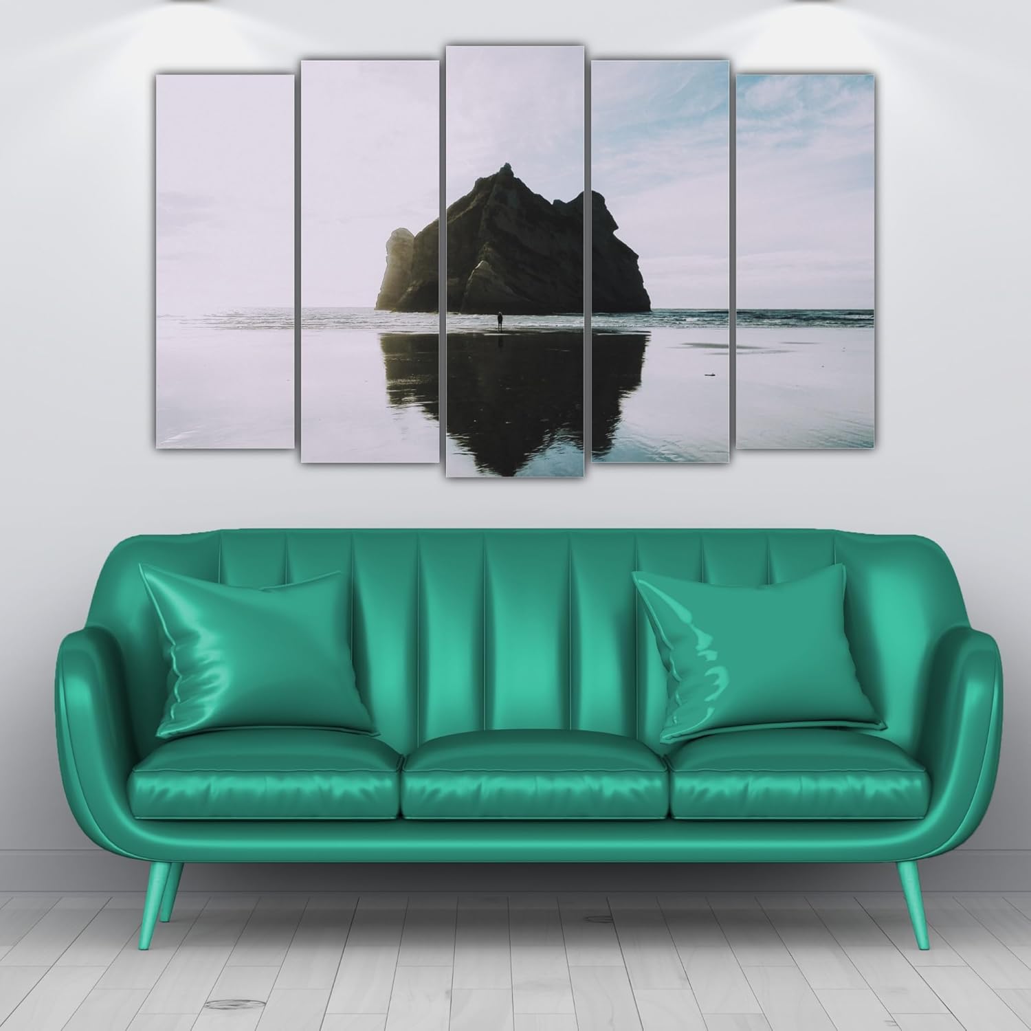 Vibrant island beach image on multi-frame Photography Framed Wall Art in living room