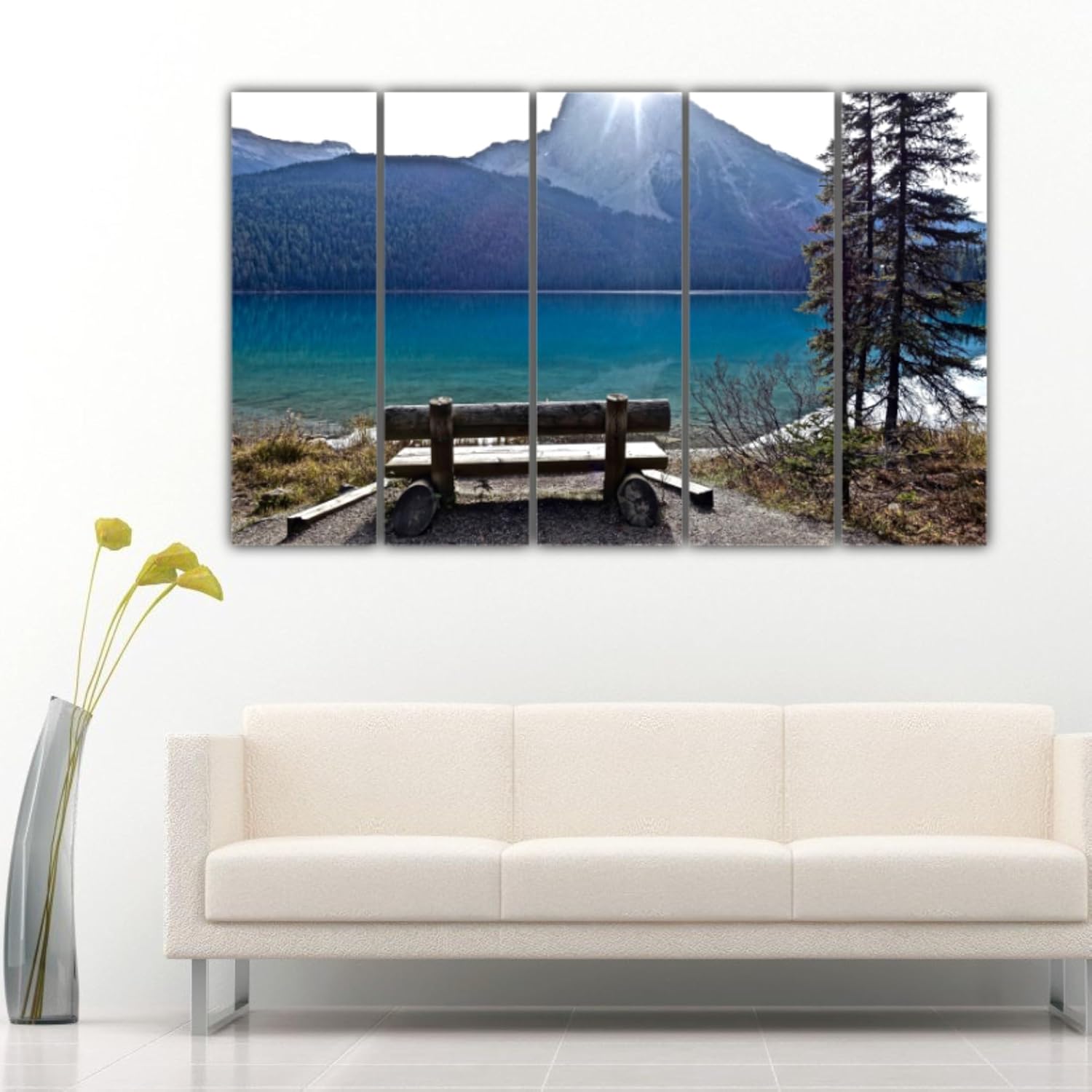 Front view of the framed multi-panel Wall Art with tranquil lake imagery and crisp wooden MDF edges.