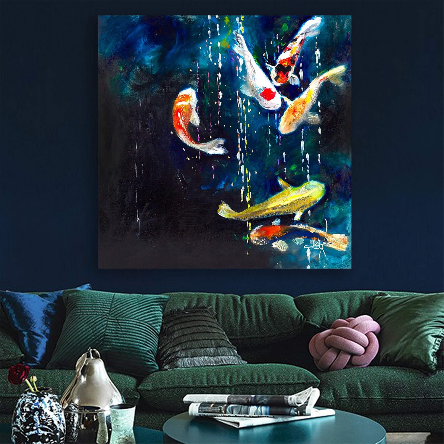 Fin-tastic Underwater Unframed Wall Art That Makes Waves - Dreamy Abstract Ocean Canvas (91x91cm) with vibrant fish and coral shapes.