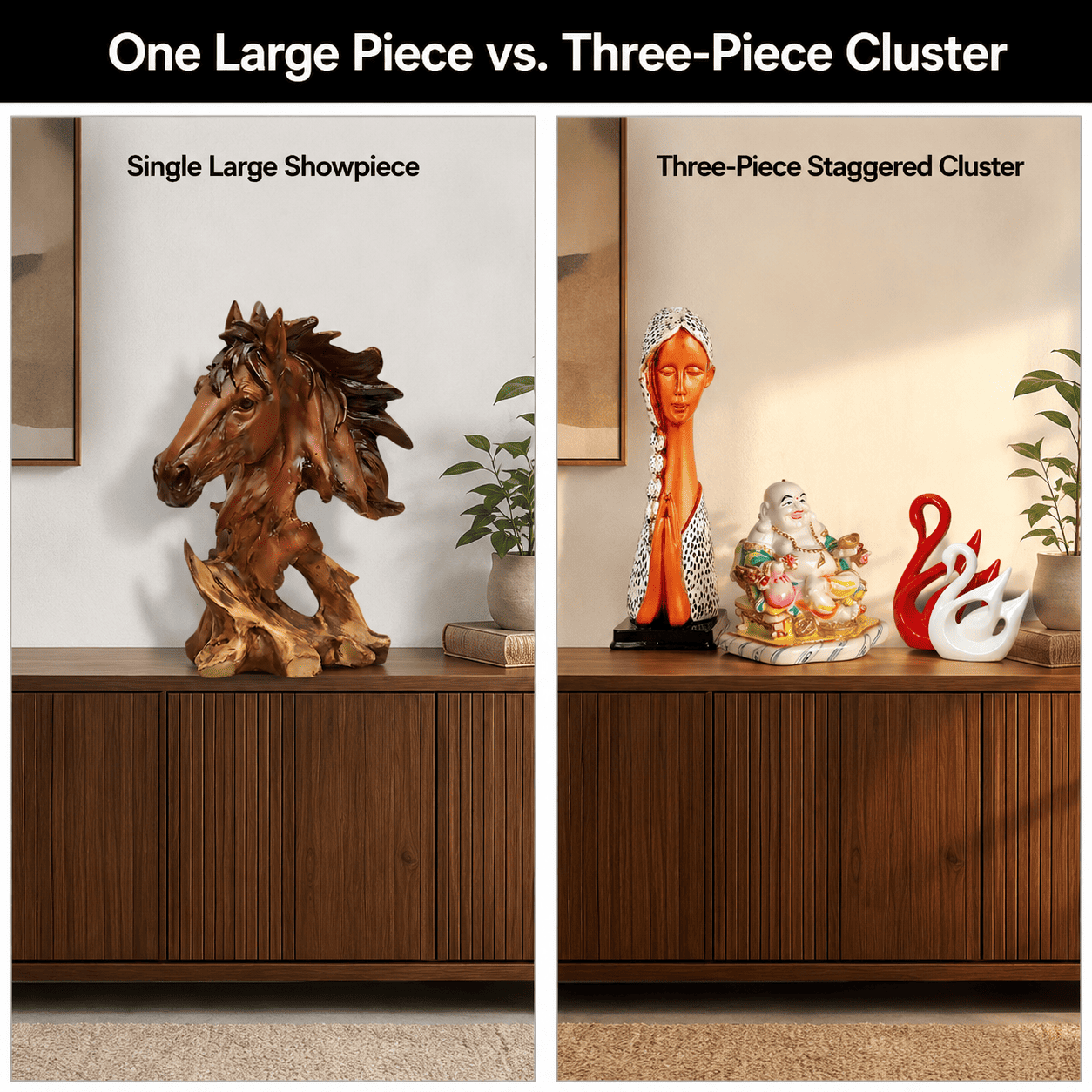 comparison of a console styled with one large piece versus three staggered pieces